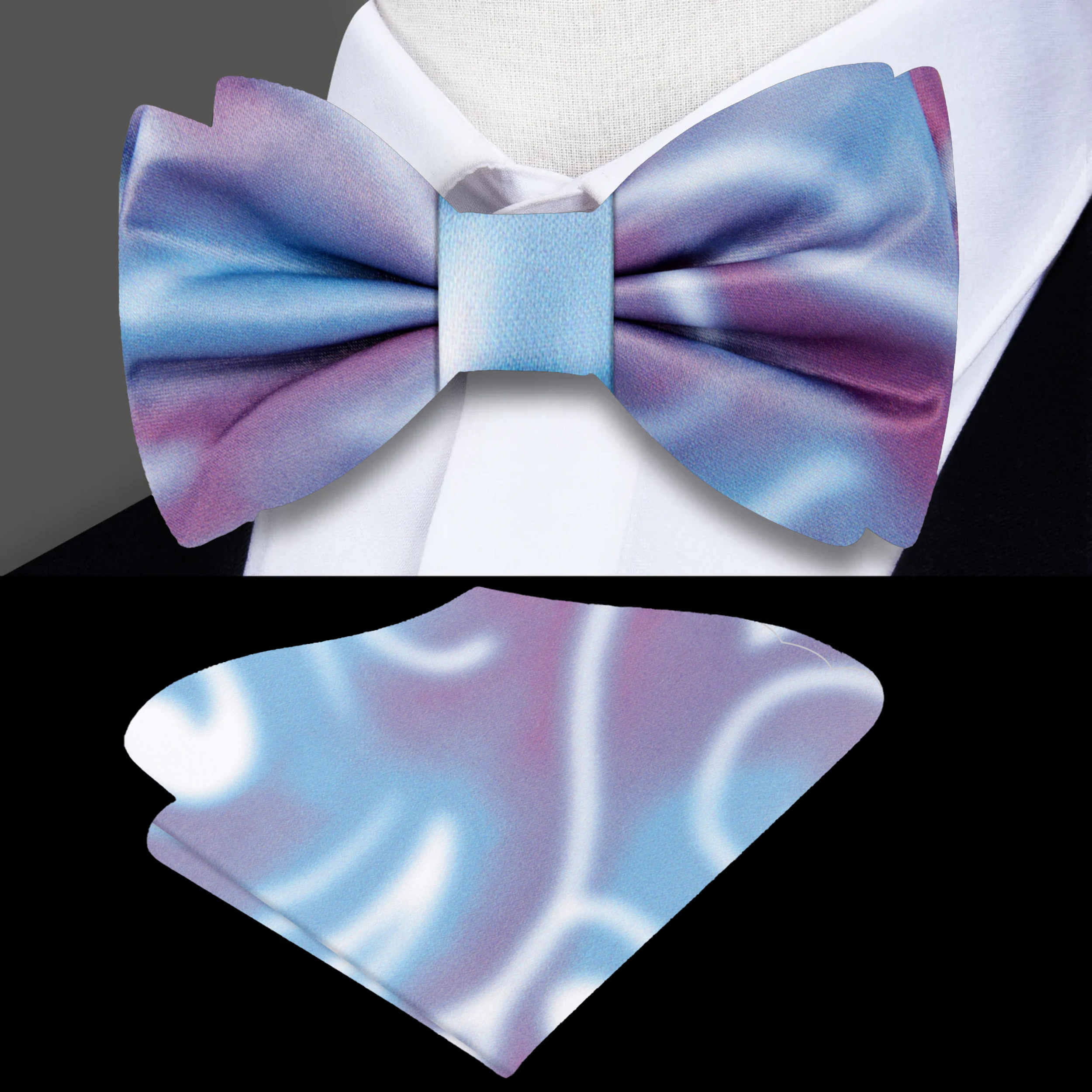Styled outfit with a stylish silk bow tie and matching pocket square for a sophisticated look