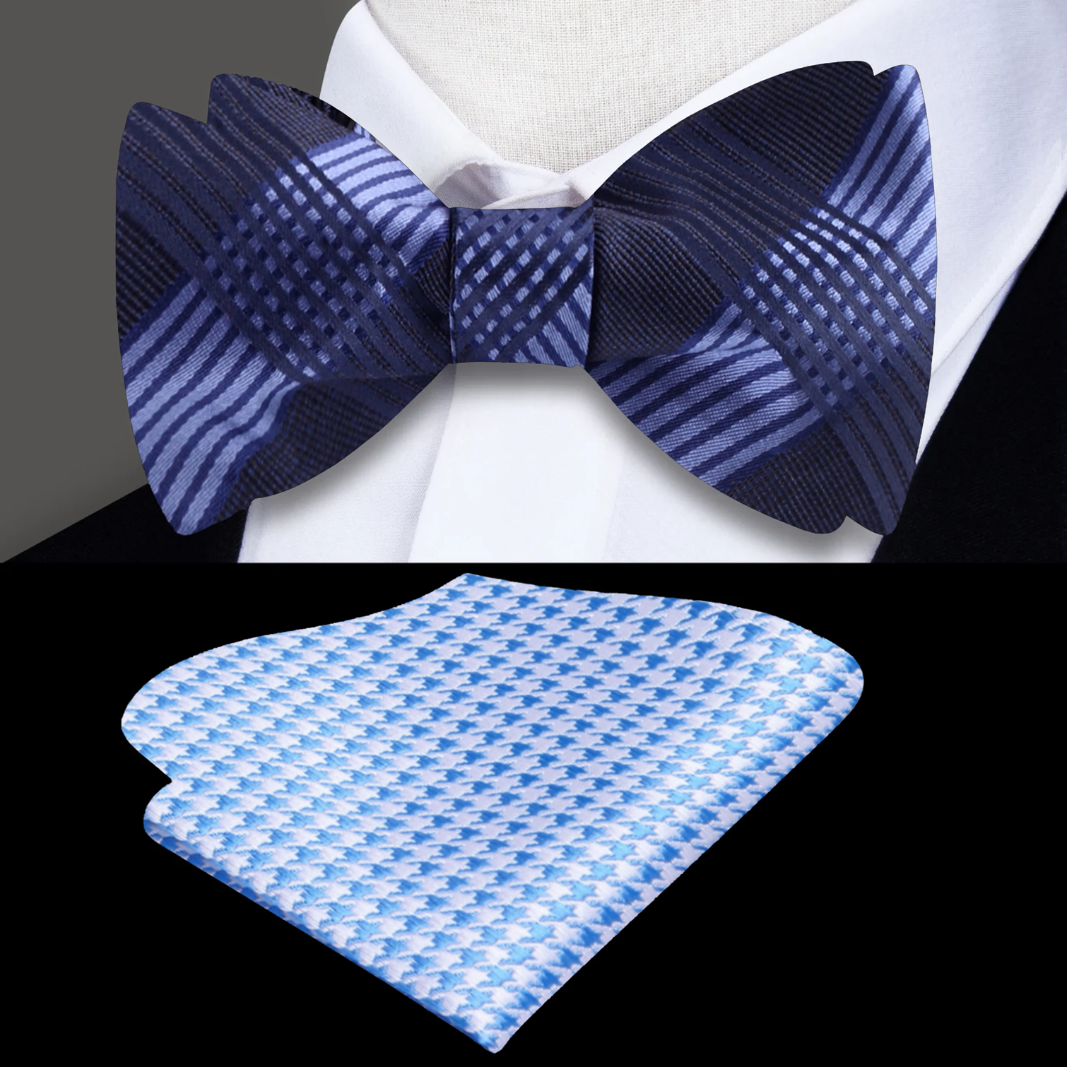 Close-up of a blue silk plaid bow tie with detailed pattern
