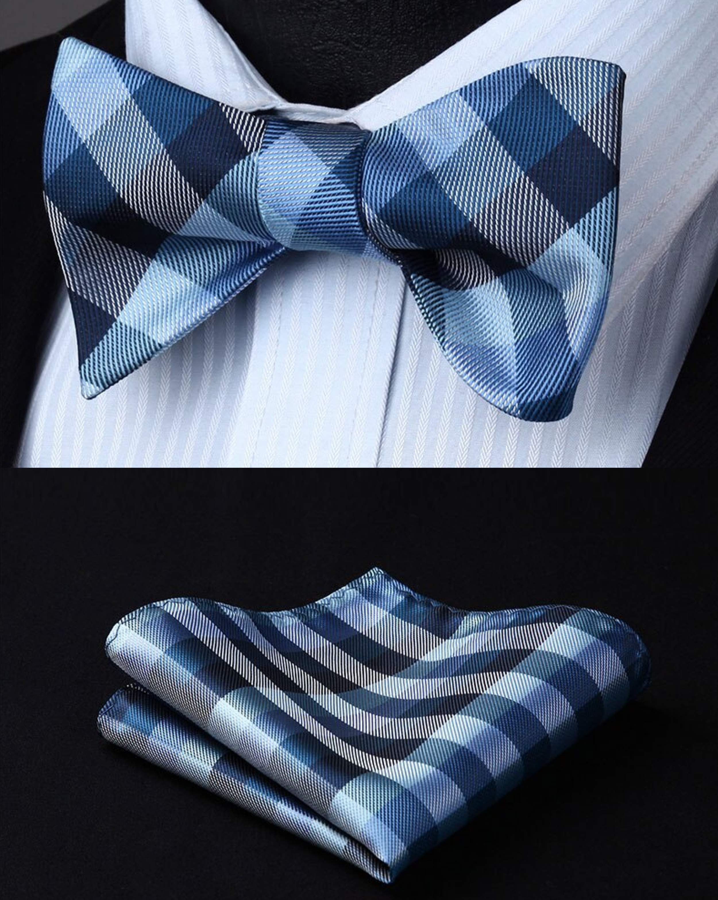 Styled shot of a geometric check bow tie paired with a classic suit for a sophisticated look