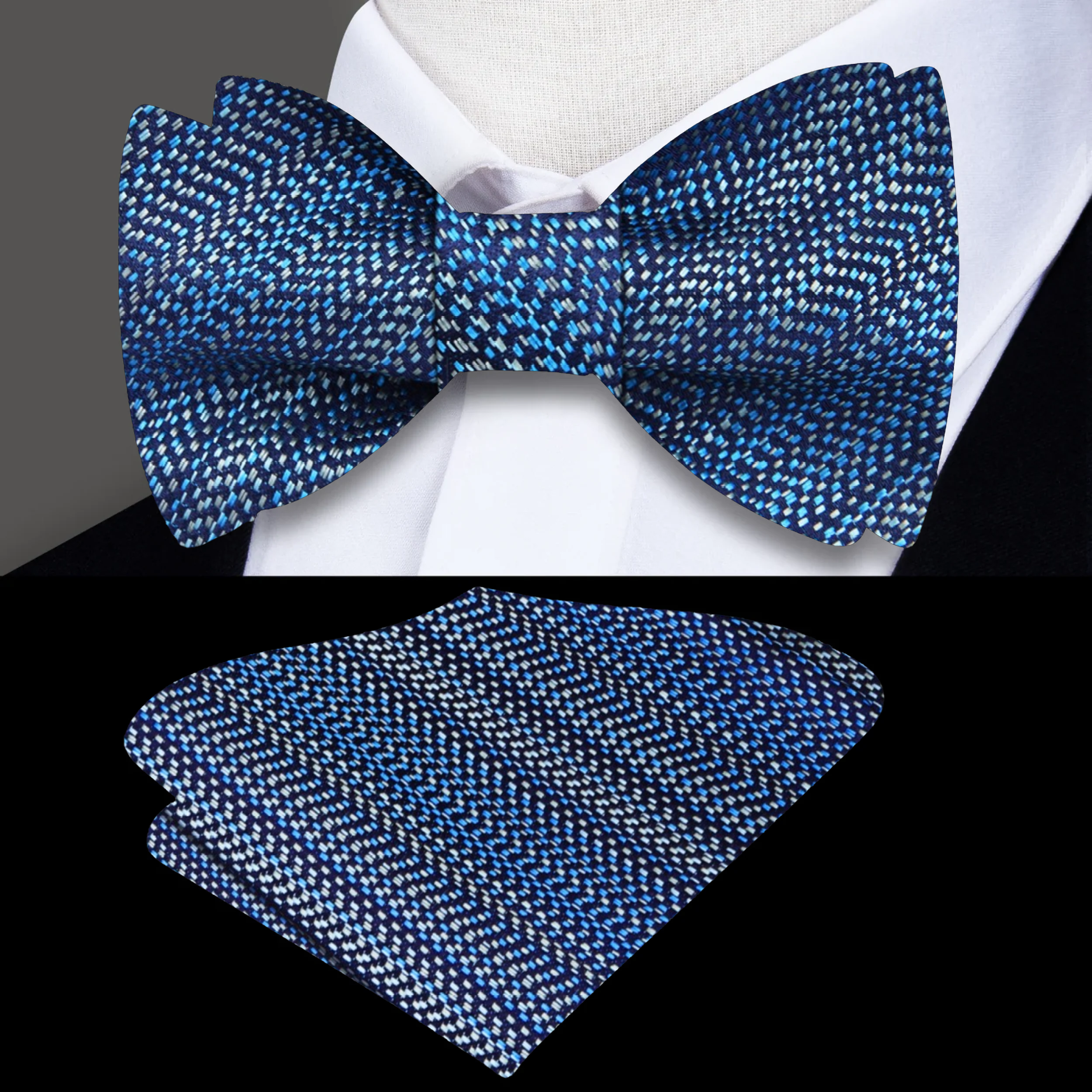 Elegant blue silk self-tie bow tie displayed against a crisp white background, showcasing its premium textured design.