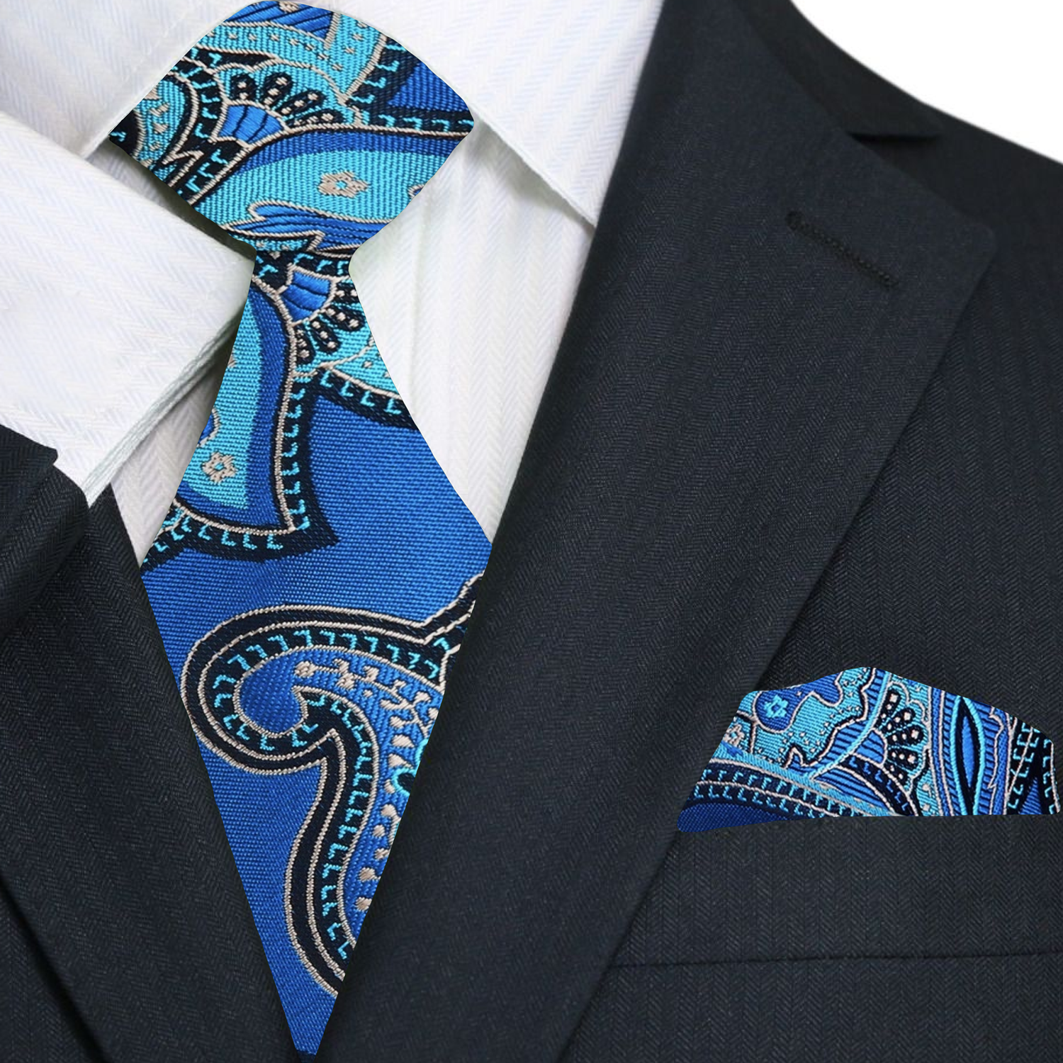Elegant navy blue paisley silk tie with intricate floral pattern for weddings