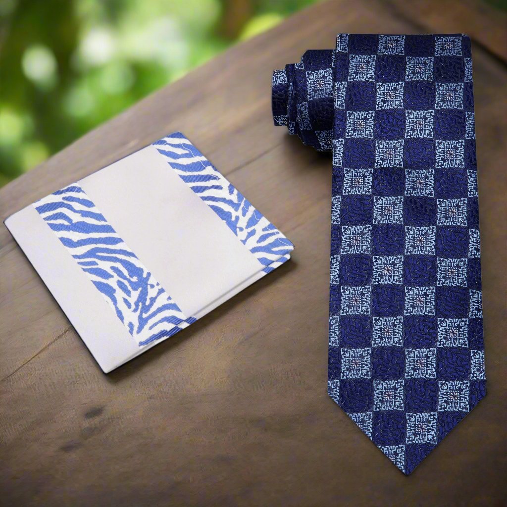 Front view of dark blue geometric silk necktie for men