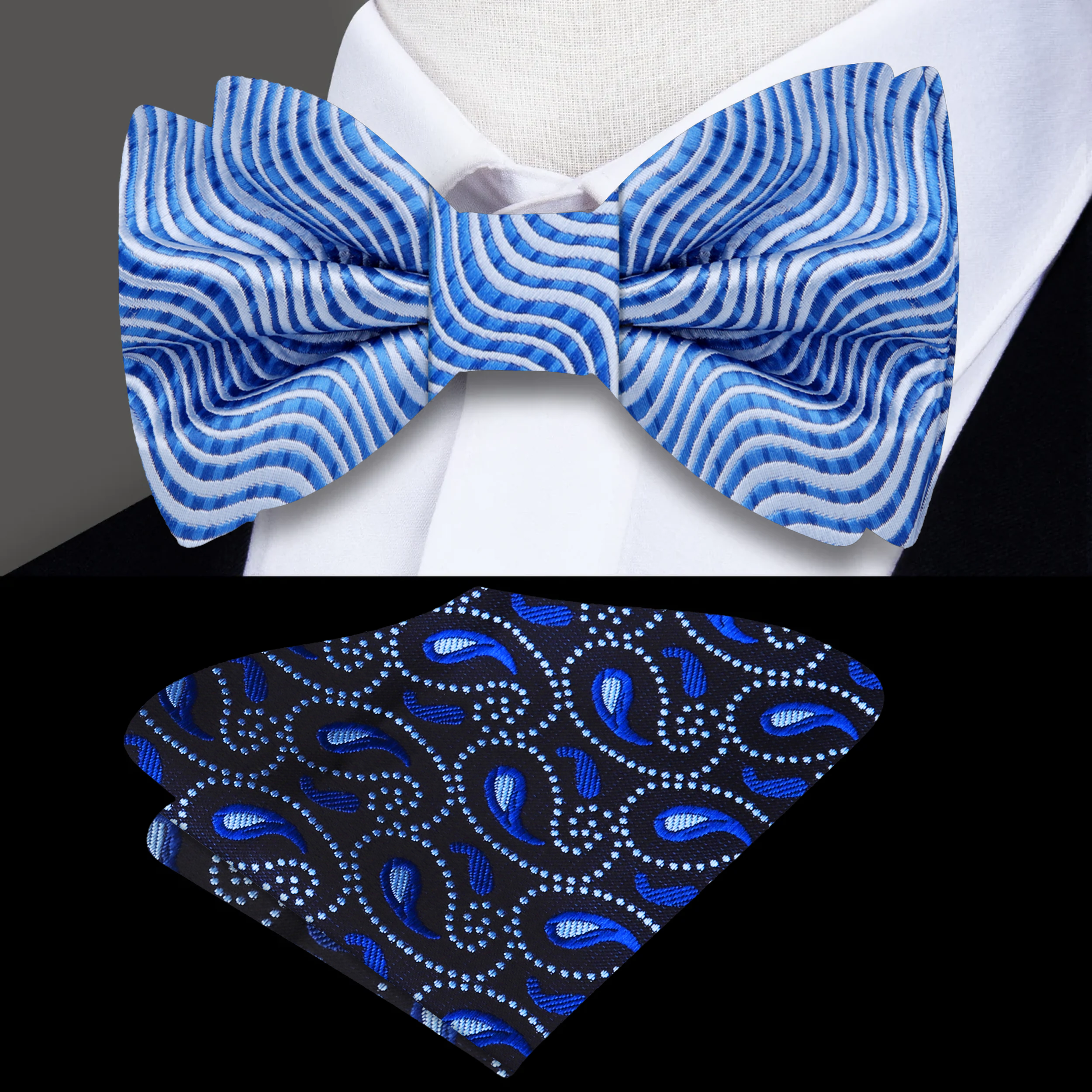 Azure Waves bow tie featuring wavy lines pattern in shades of blue, perfect for formal occasions.