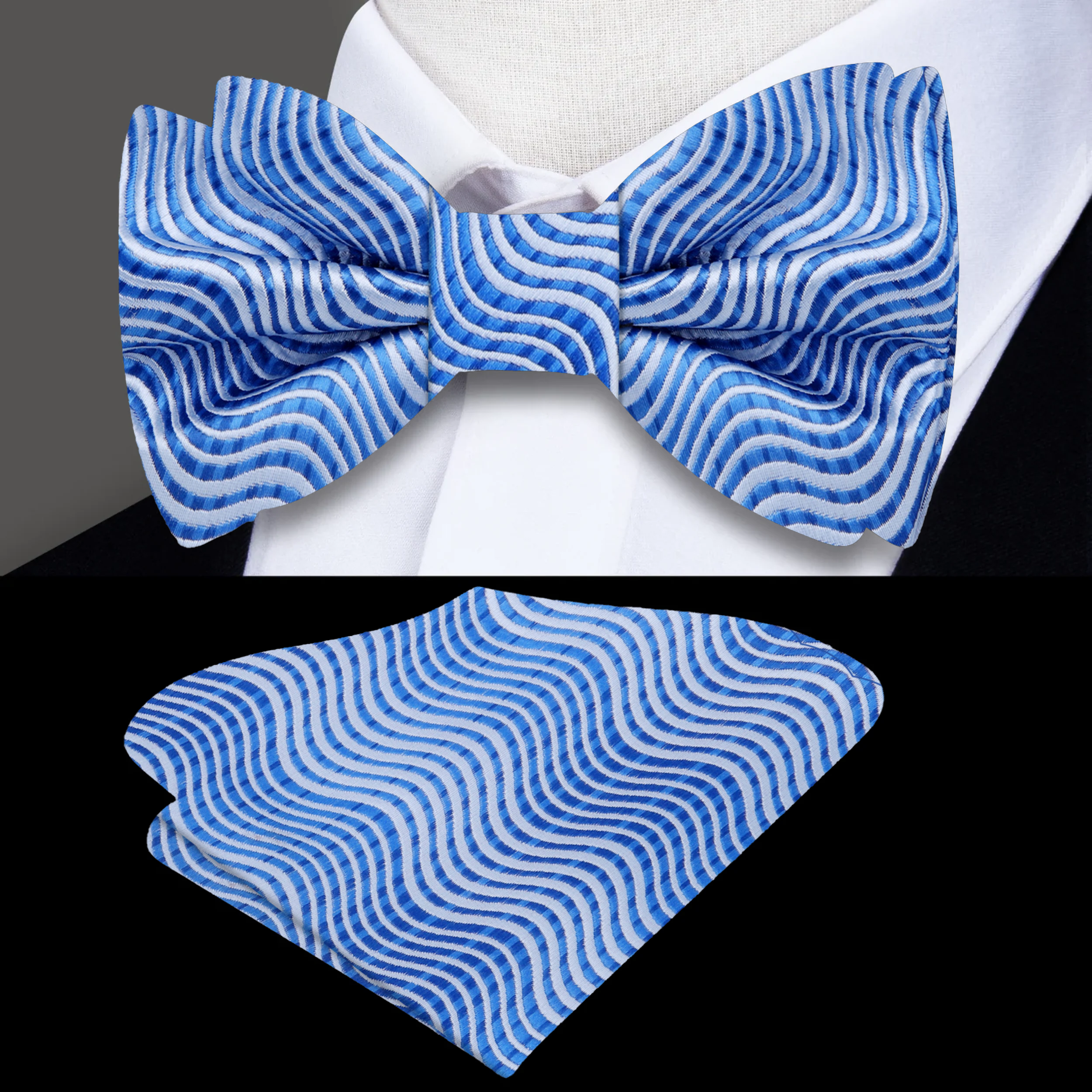 Close-up of the Azure Waves stylish bow tie and pocket square set, showcasing its elegant silk fabric.