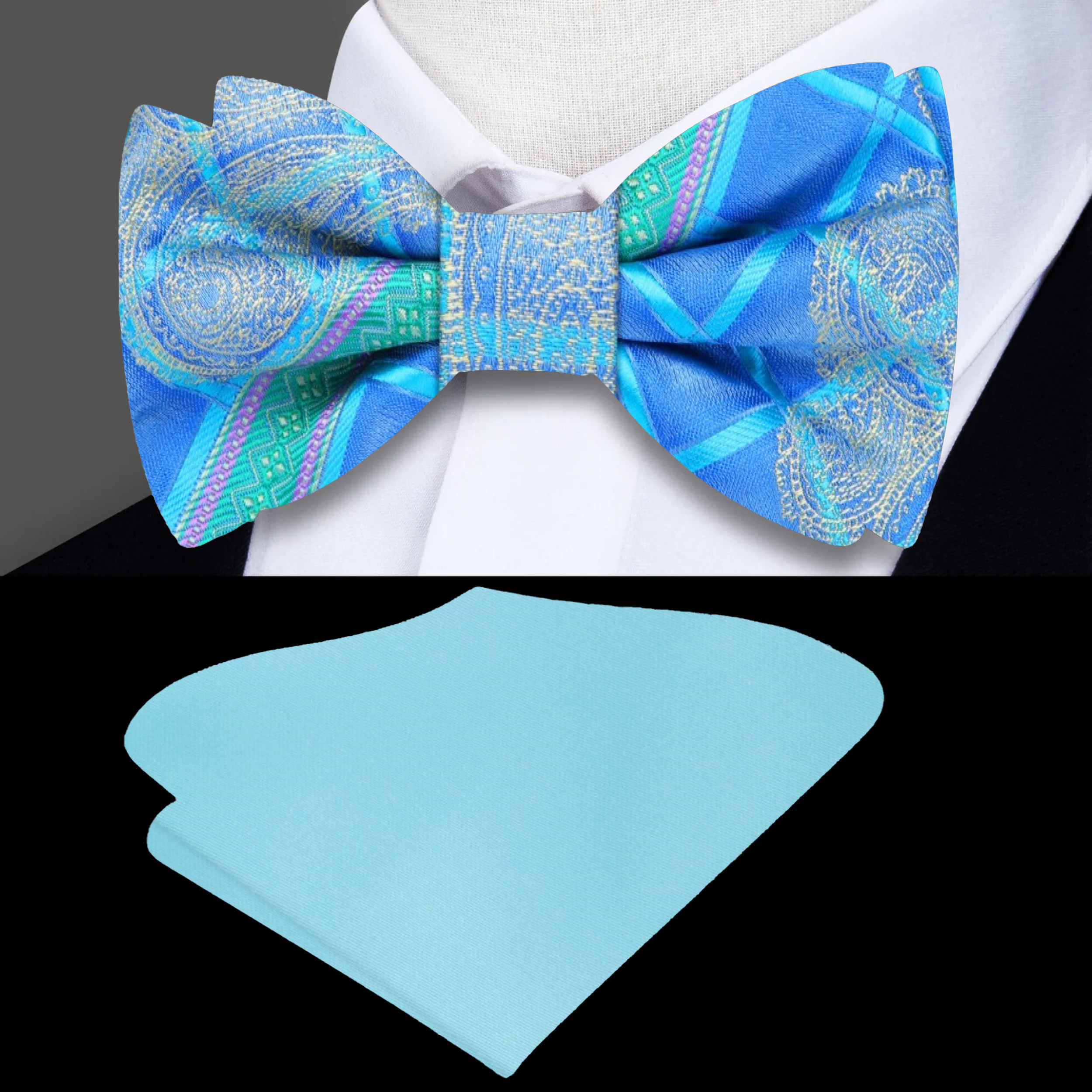 Elegant paisley silk bow tie in blue and green, front view