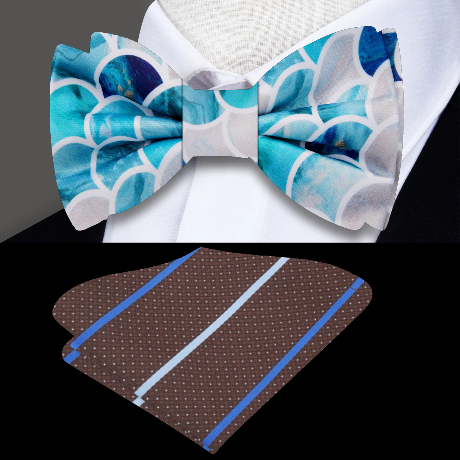 Coastal Elegance Bow Tie in light blue with seashell pattern, perfect for weddings.