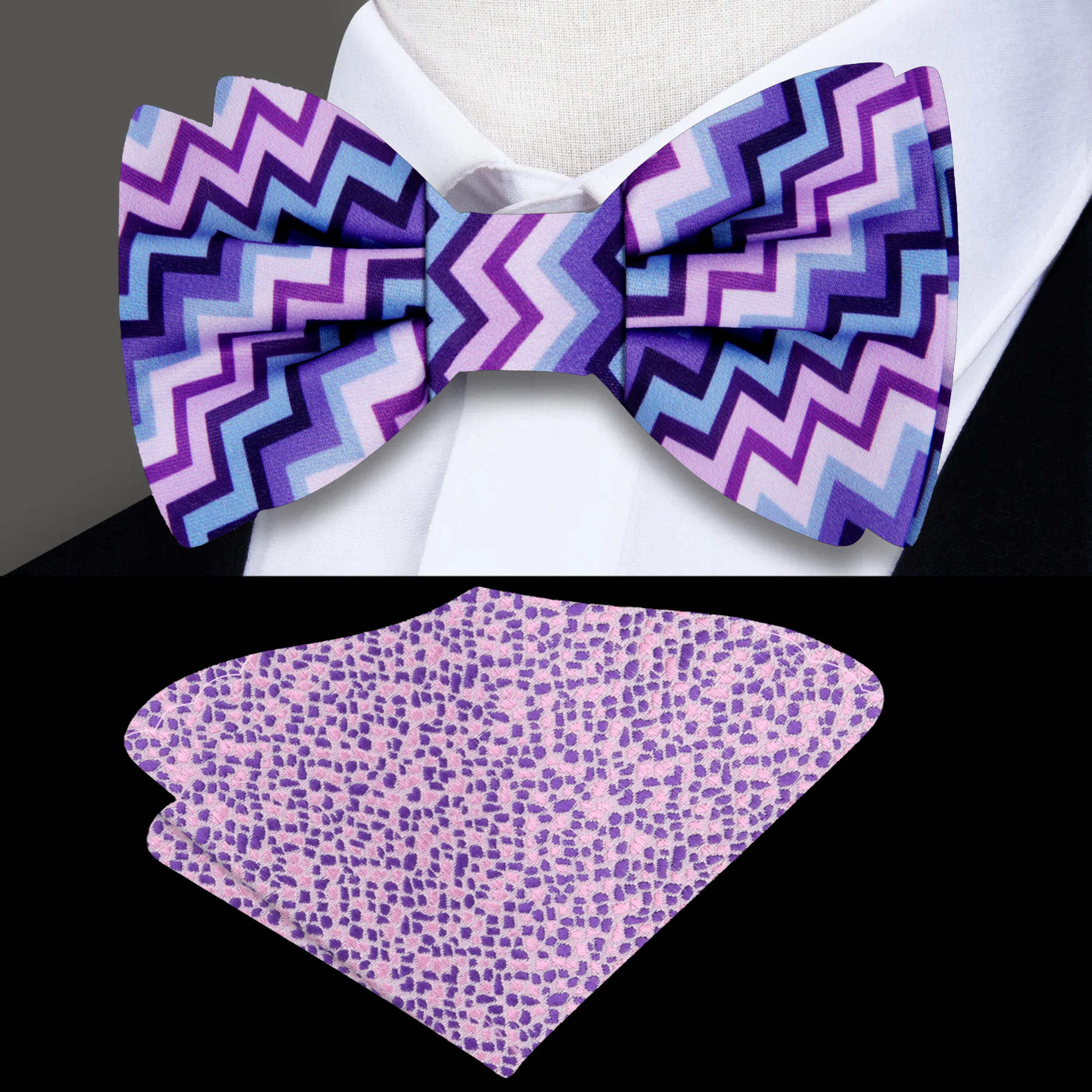 Close-up of Thrive pink and purple silk bow tie with jagged pattern, perfect for weddings