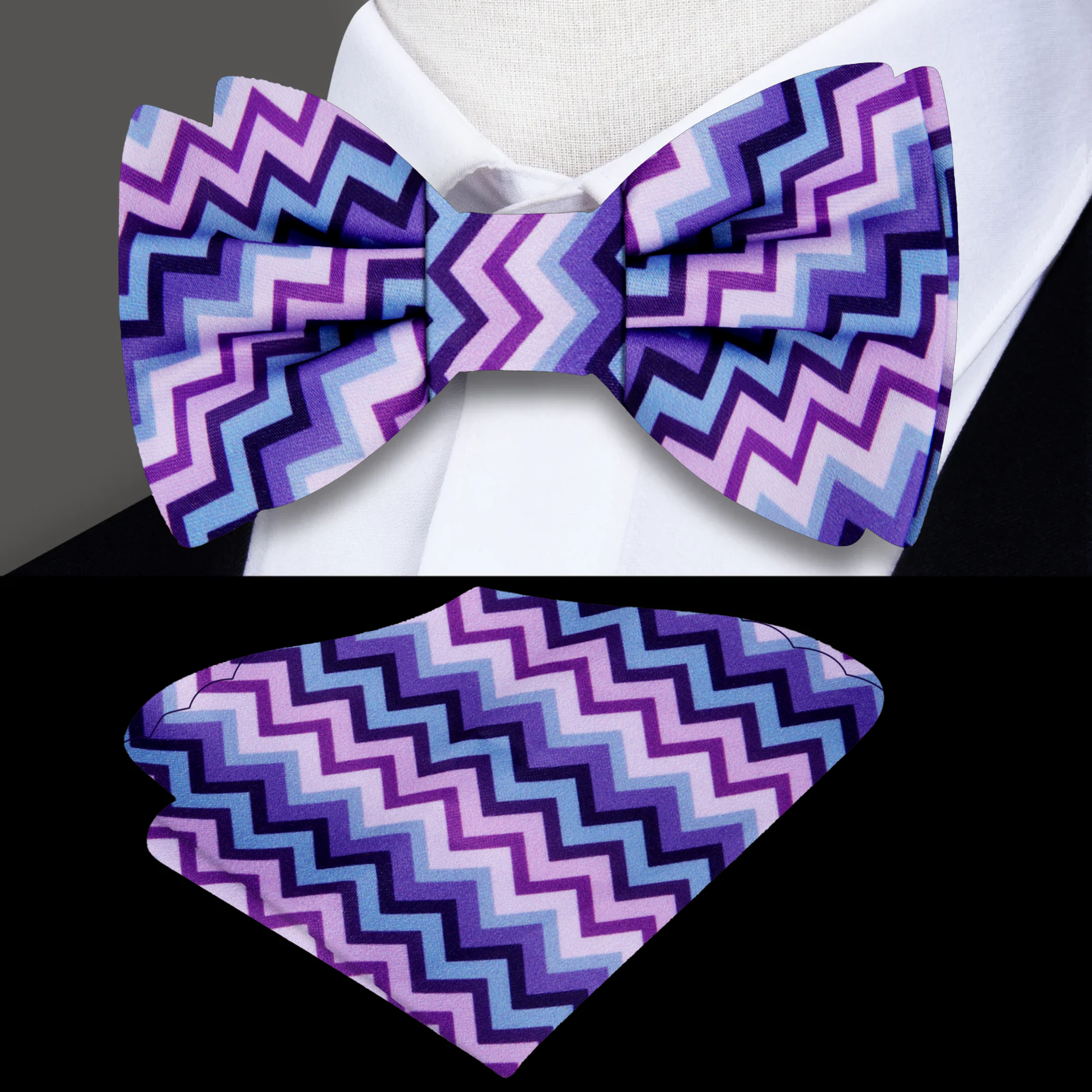 Model wearing the vibrant silk bow tie paired with a white dress shirt and suit