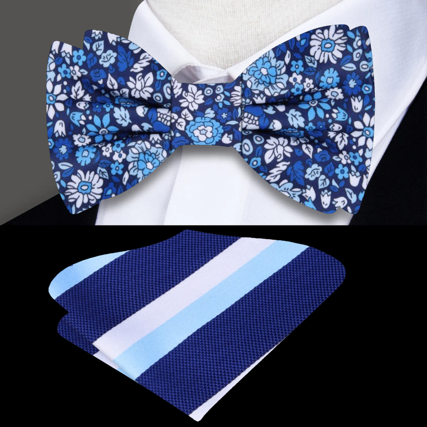 Elegant silk floral bow tie in shades of blue and white, ideal for formal events