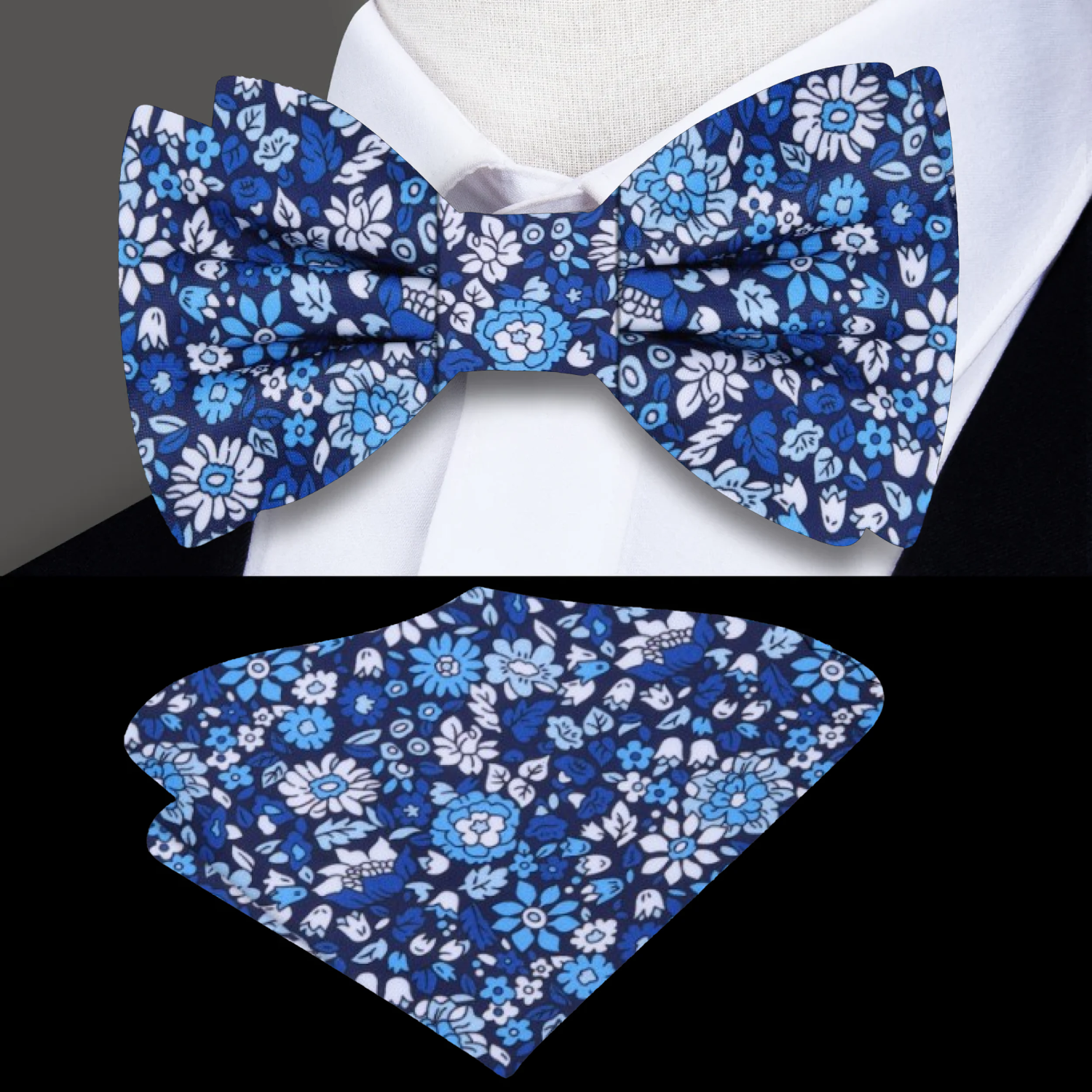 Men wearing a blue and white floral bow tie at a garden party