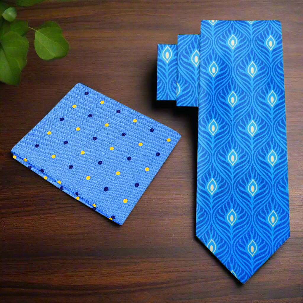 Close-up of light blue silk necktie with abstract pattern, perfect for formal wear