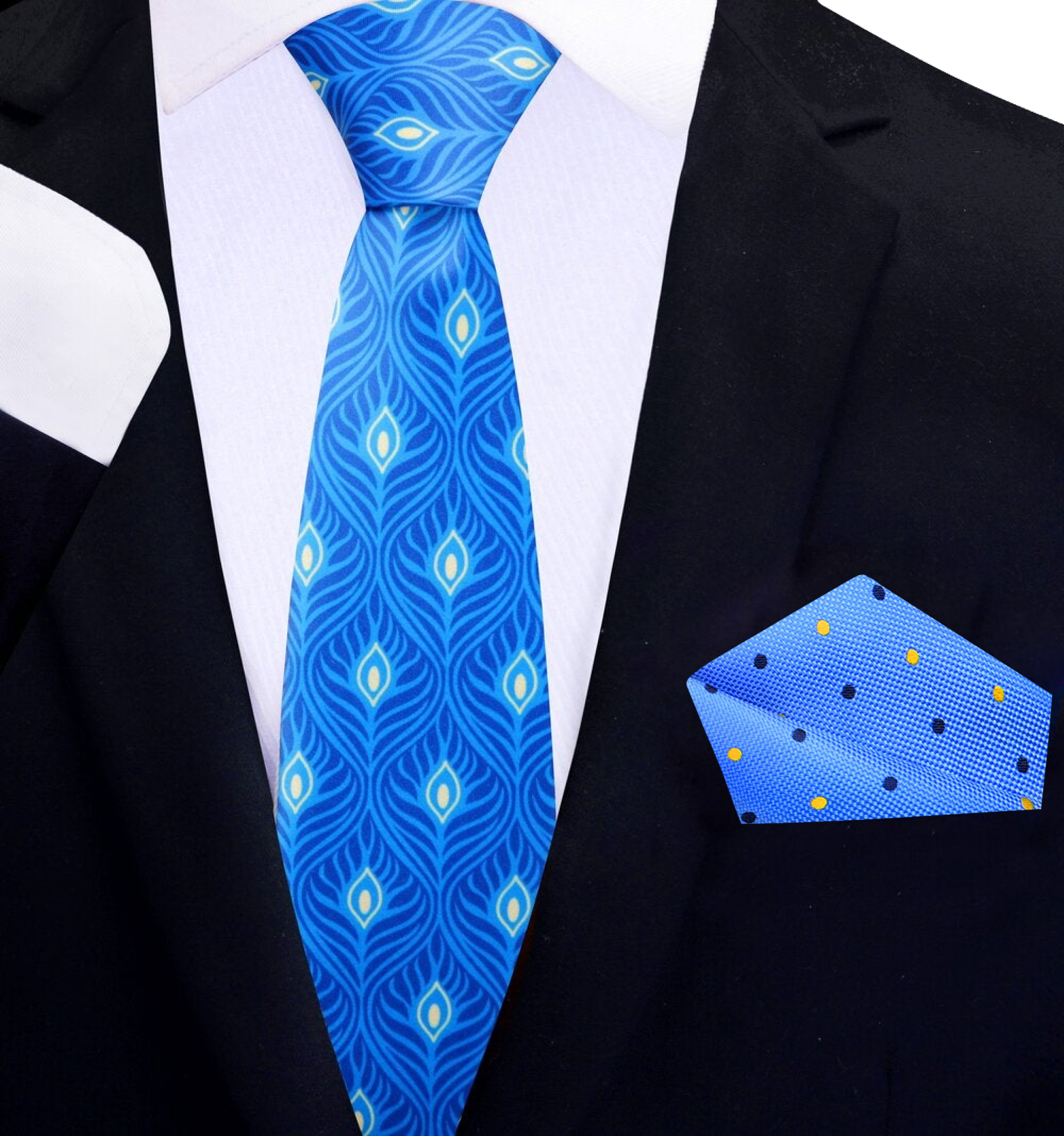 Top view of a light blue silk necktie styled with a classic suit for dinner parties