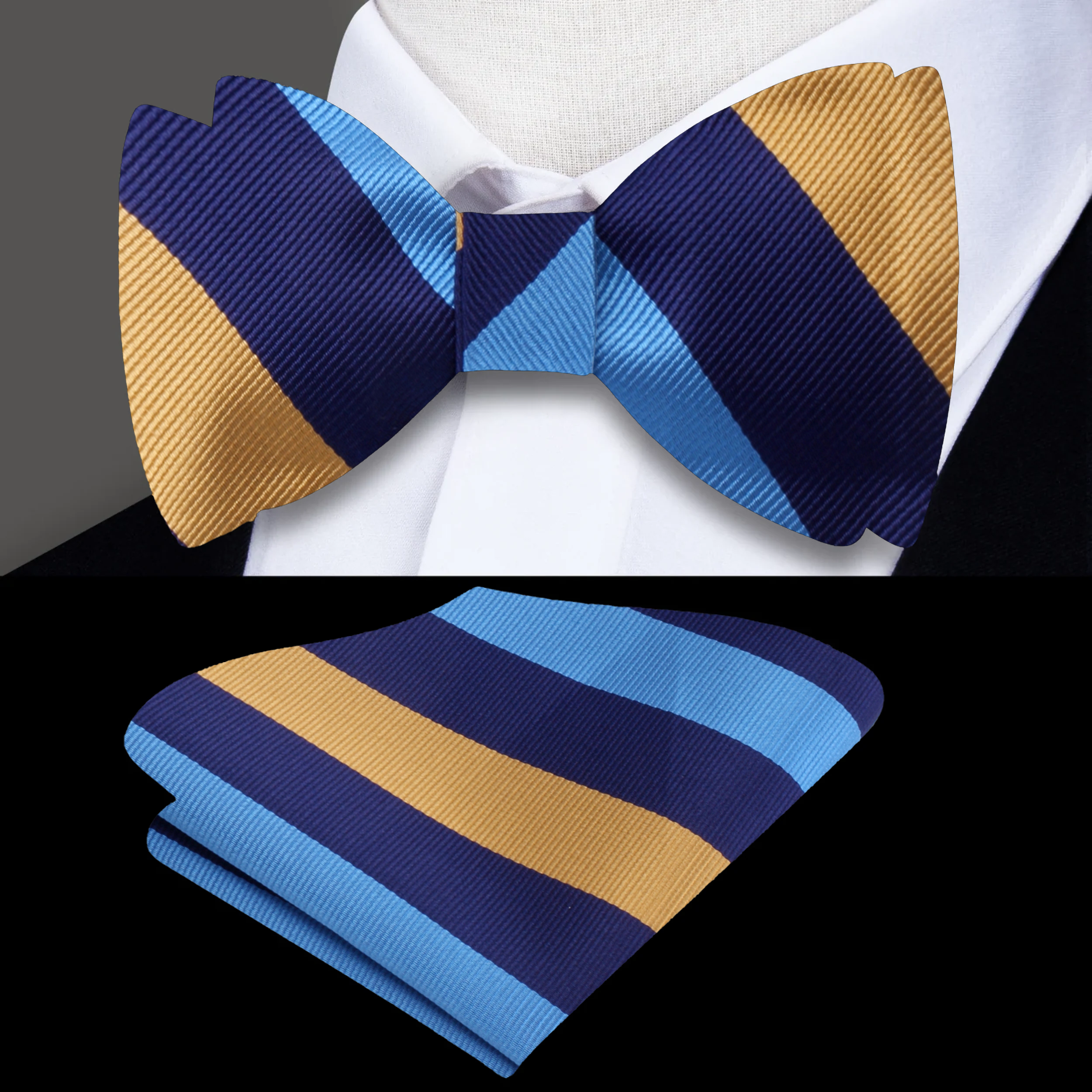 Close-up of a striped silk bow tie in vibrant blue and orange for wedding accessories