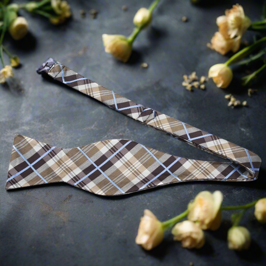 Men wearing a stylish plaid bow tie with a white dress shirt at a formal gathering