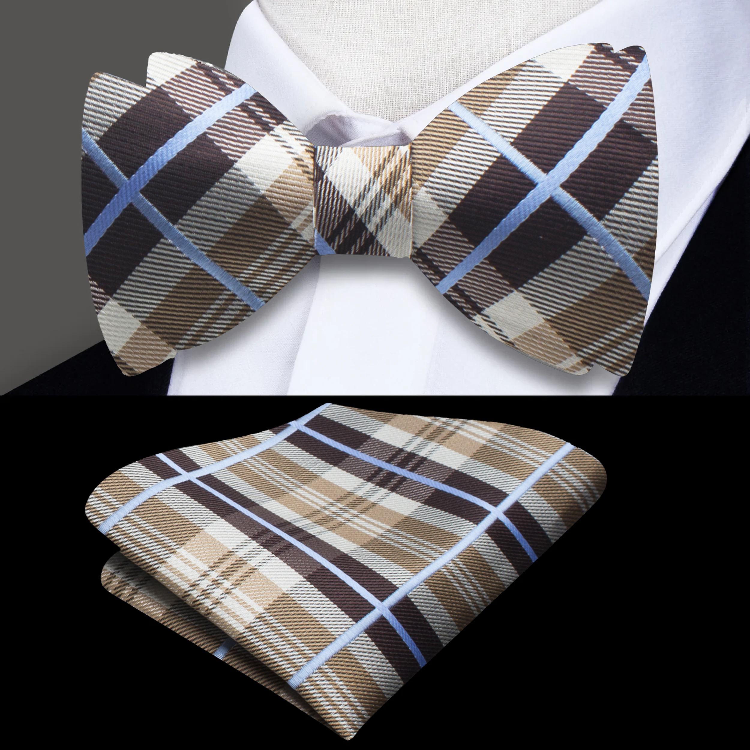 Close-up of a silk plaid self-tie bow tie, showing detailed pattern and texture