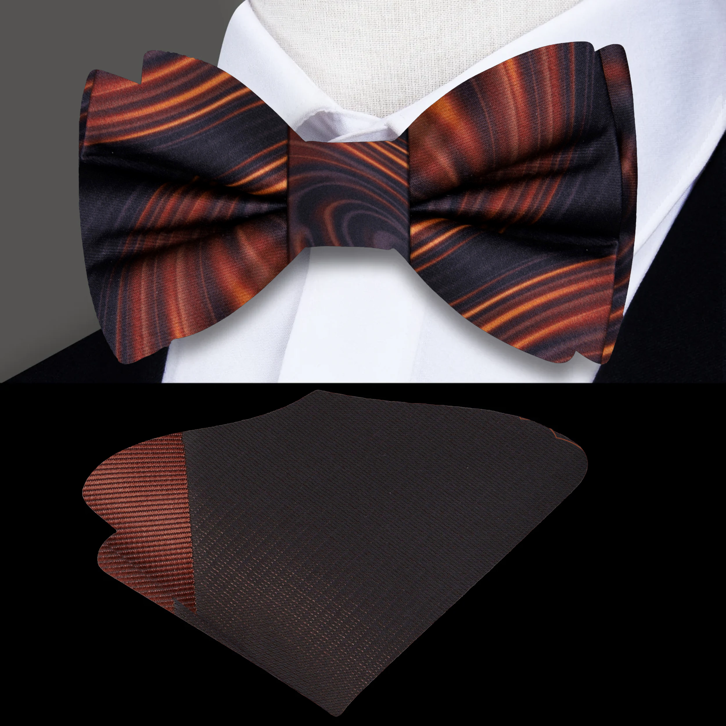 Close-up of caramel swirl silk bow tie showing detailed pattern