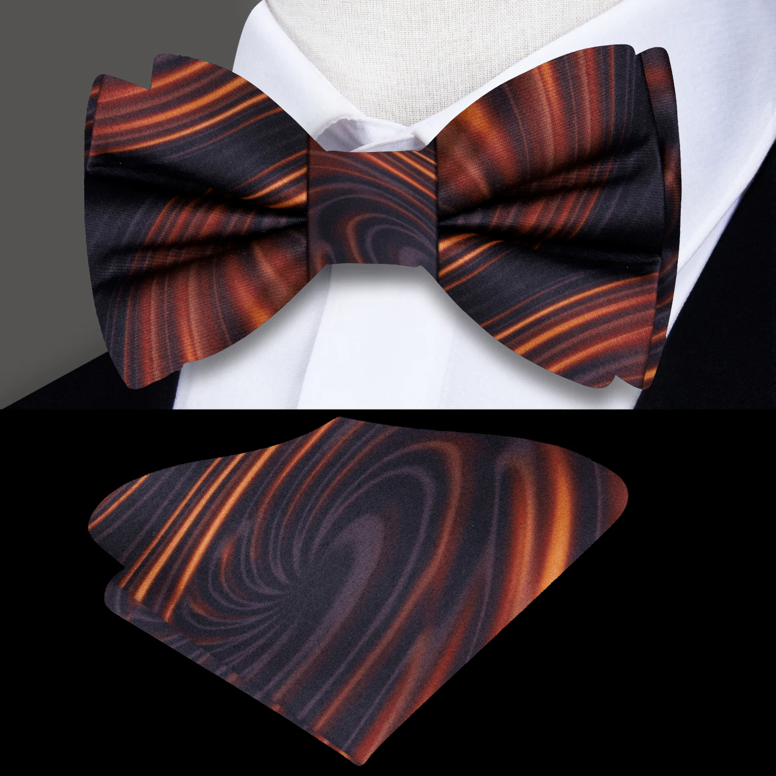 Model wearing caramel bow tie at outdoor wedding