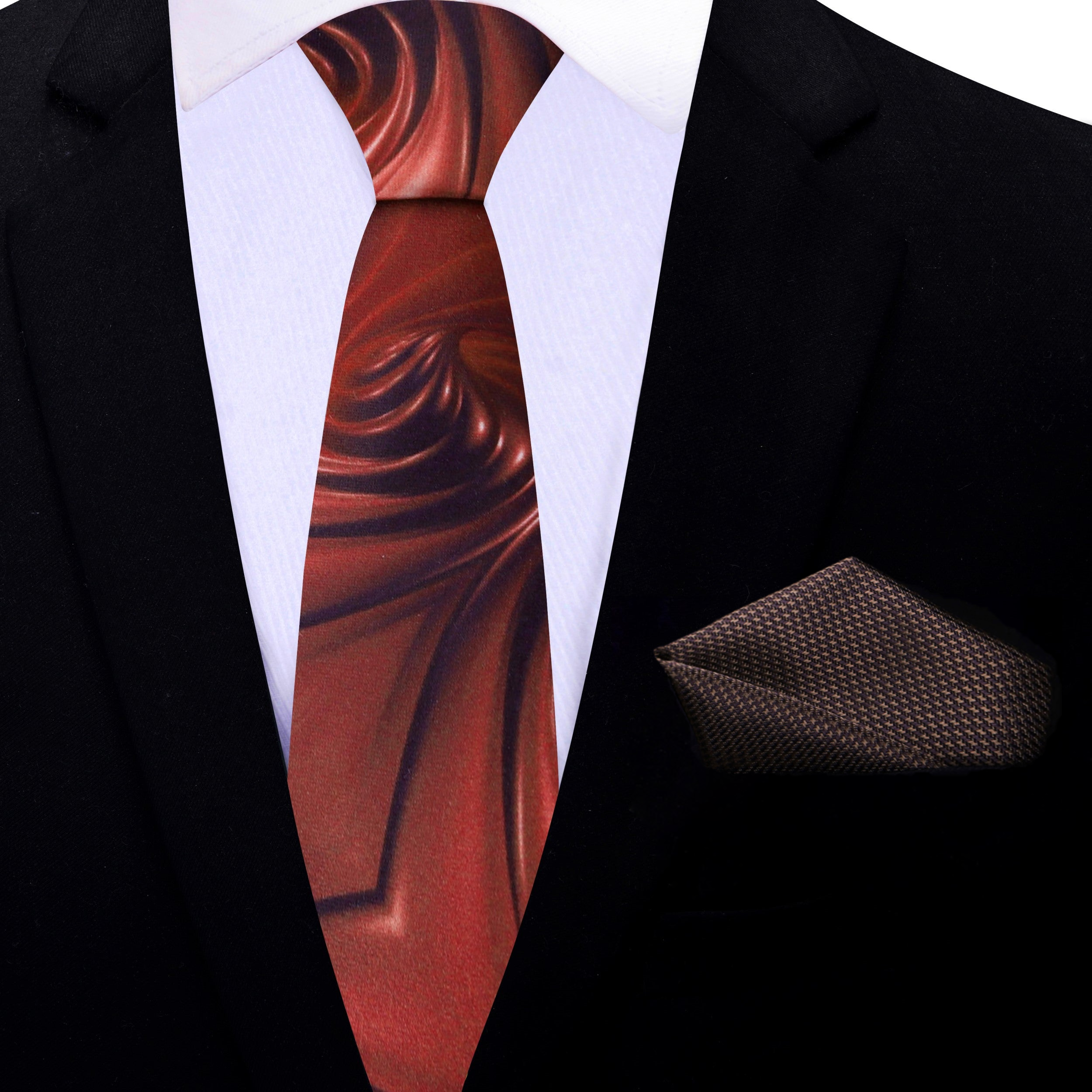 Model wearing the chocolate swirl silk tie at a wedding