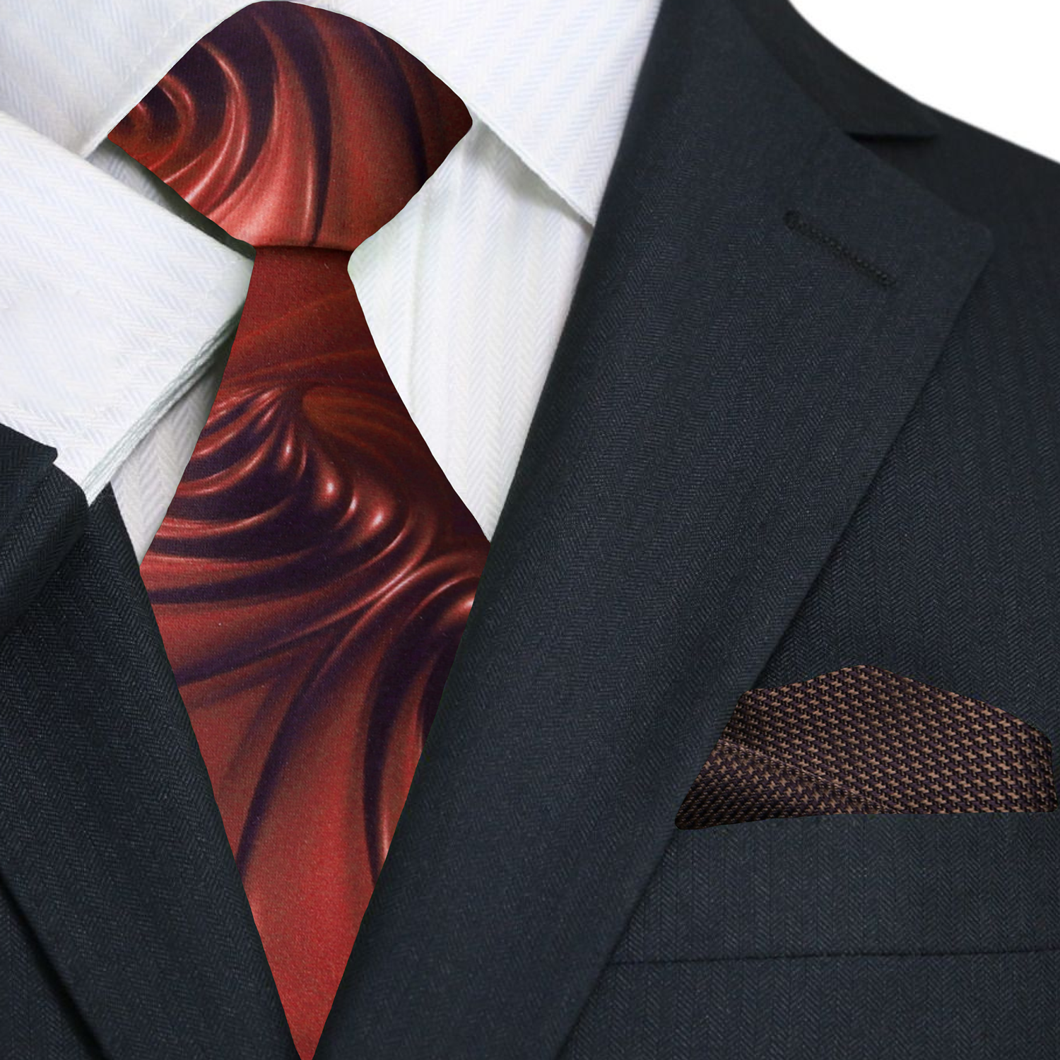 Close-up of the smooth chocolate swirl pattern on the tie