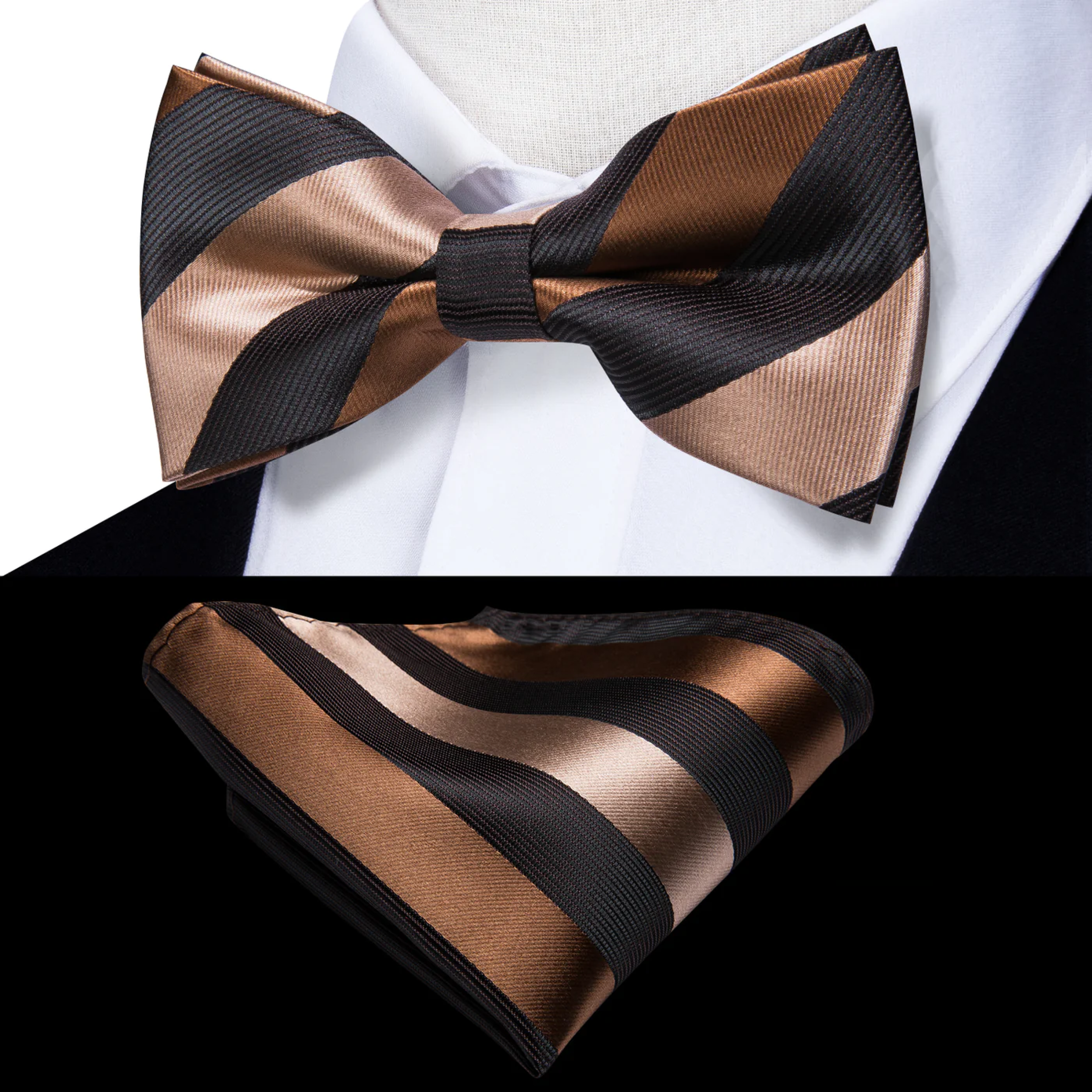 Man adjusting a stylish Hickory Stripe silk bow tie for a wedding