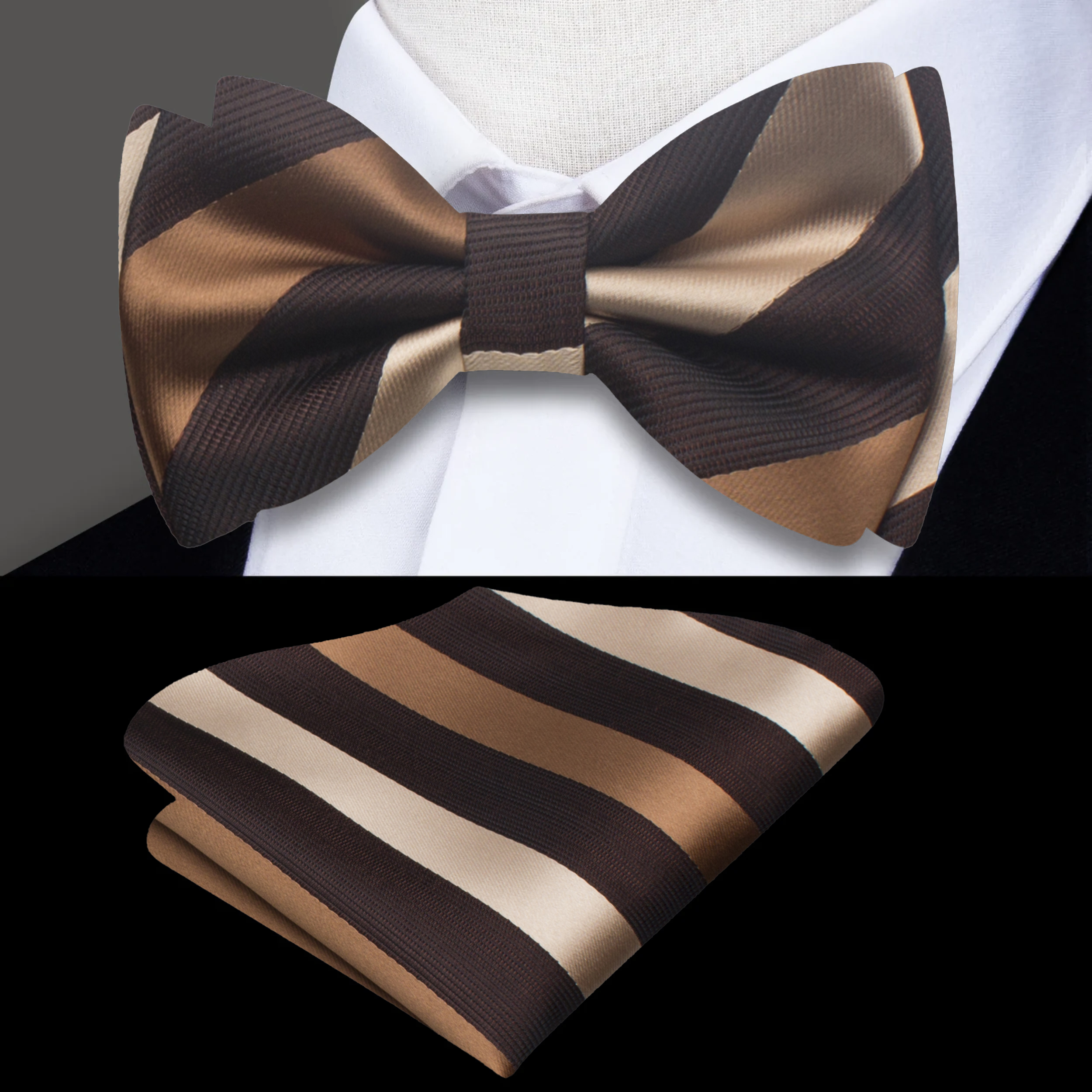 Dark brown kids bow tie with stripe pattern, perfect for formal events.