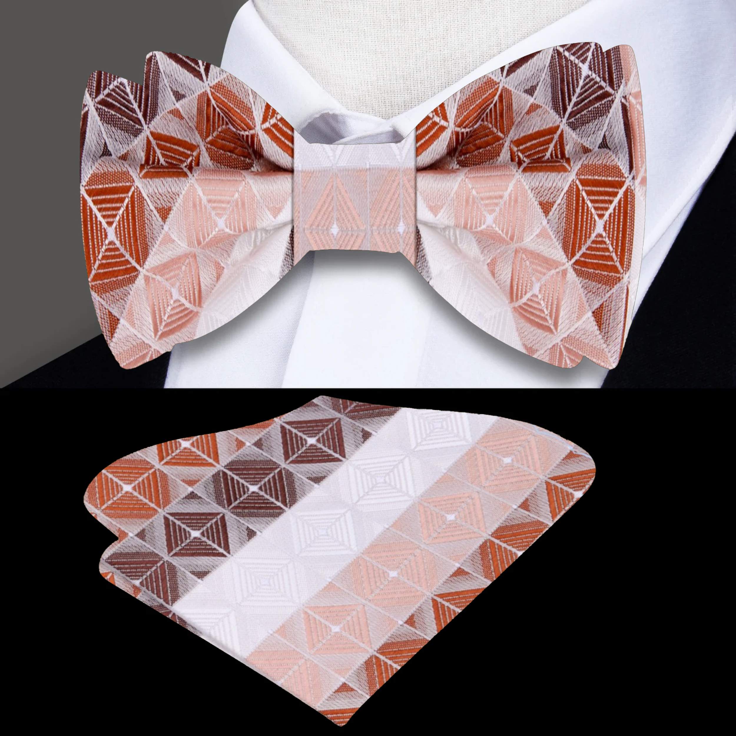 Elegant blue geometric bow tie displayed on a white dress shirt, showcasing its unique pattern.