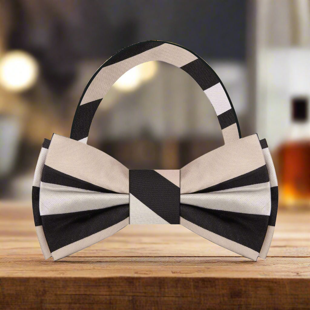 Elegant Block Stripe Silk Bow Tie showcasing its rich brown hues and luxurious silk texture.