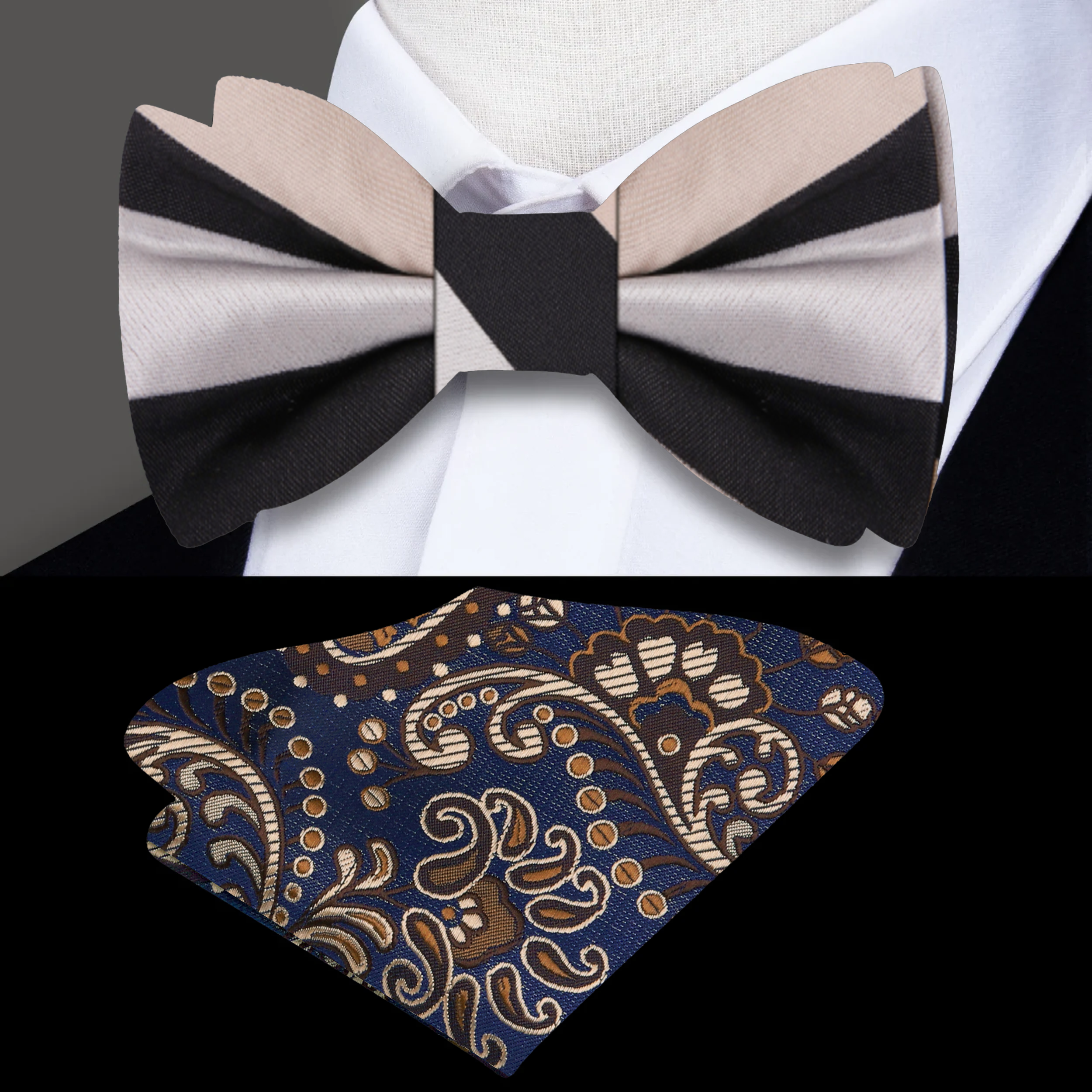 Close-up of the Elegant Block Stripe Silk Bow Tie against a charcoal gray suit.