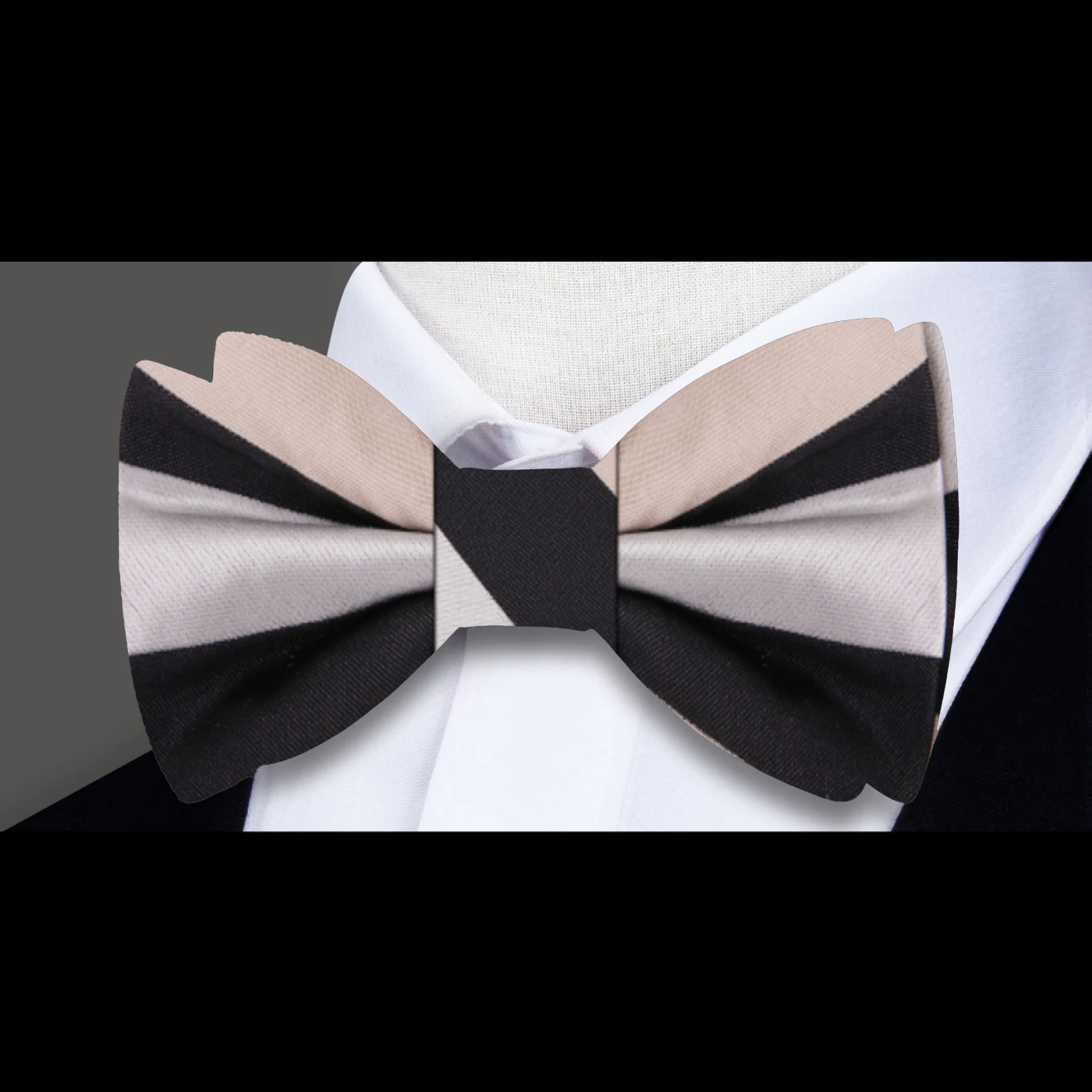 Model wearing the Elegant Block Stripe Silk Bow Tie with a crisp white dress shirt.