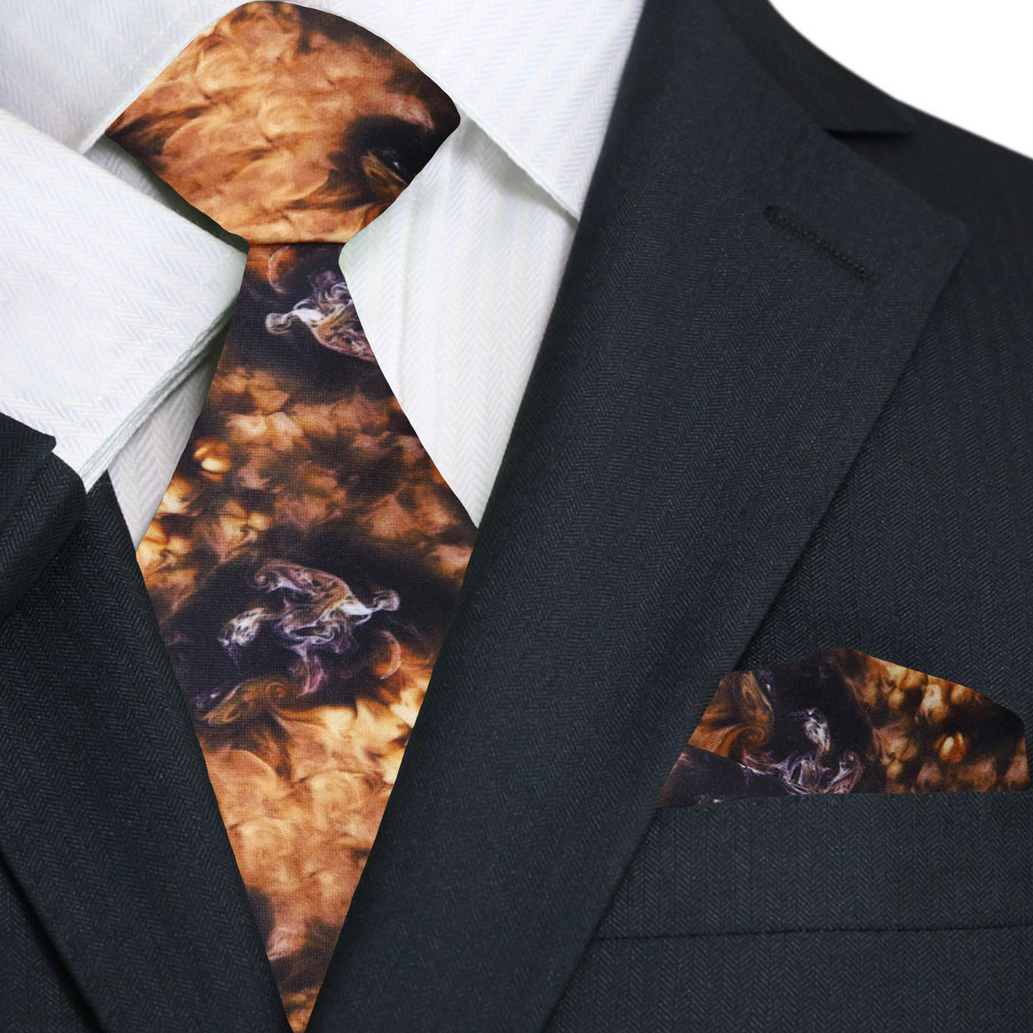 Close-up of the macchiato pattern on a silk necktie, ideal for elegant occasions.