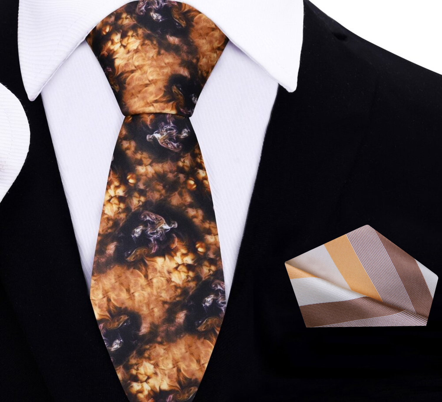 Silk necktie paired with a light dress shirt, demonstrating versatile styling options.