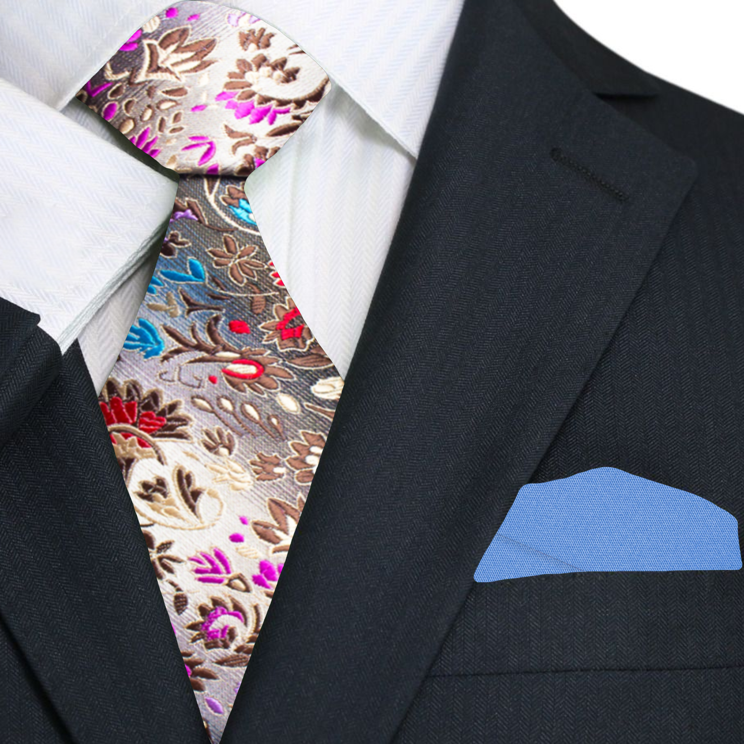 Men wearing floral necktie paired with dress shirt and suit for professional or wedding look