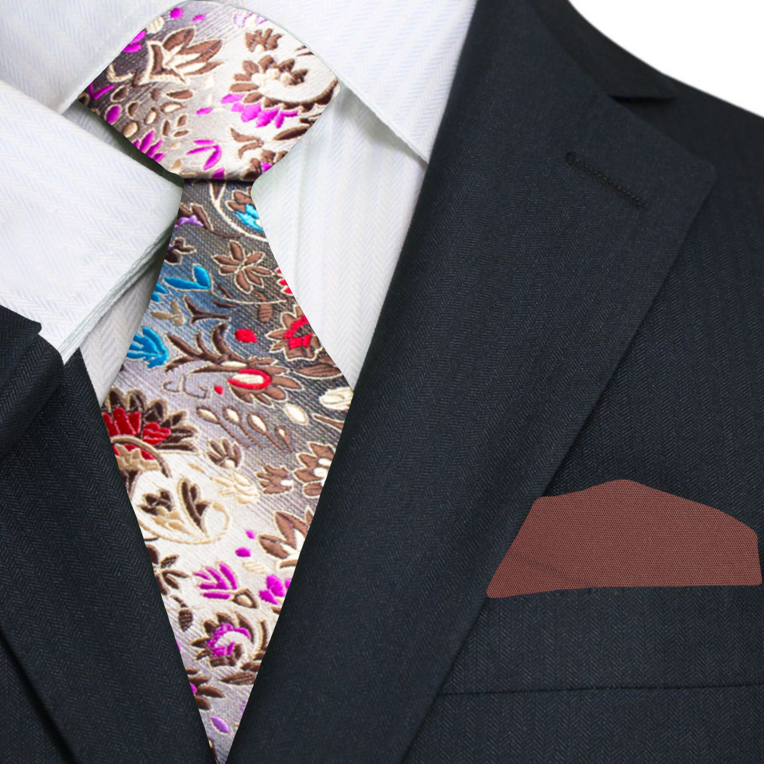 Close-up of a silk floral tie showing detailed floral pattern and elegant design