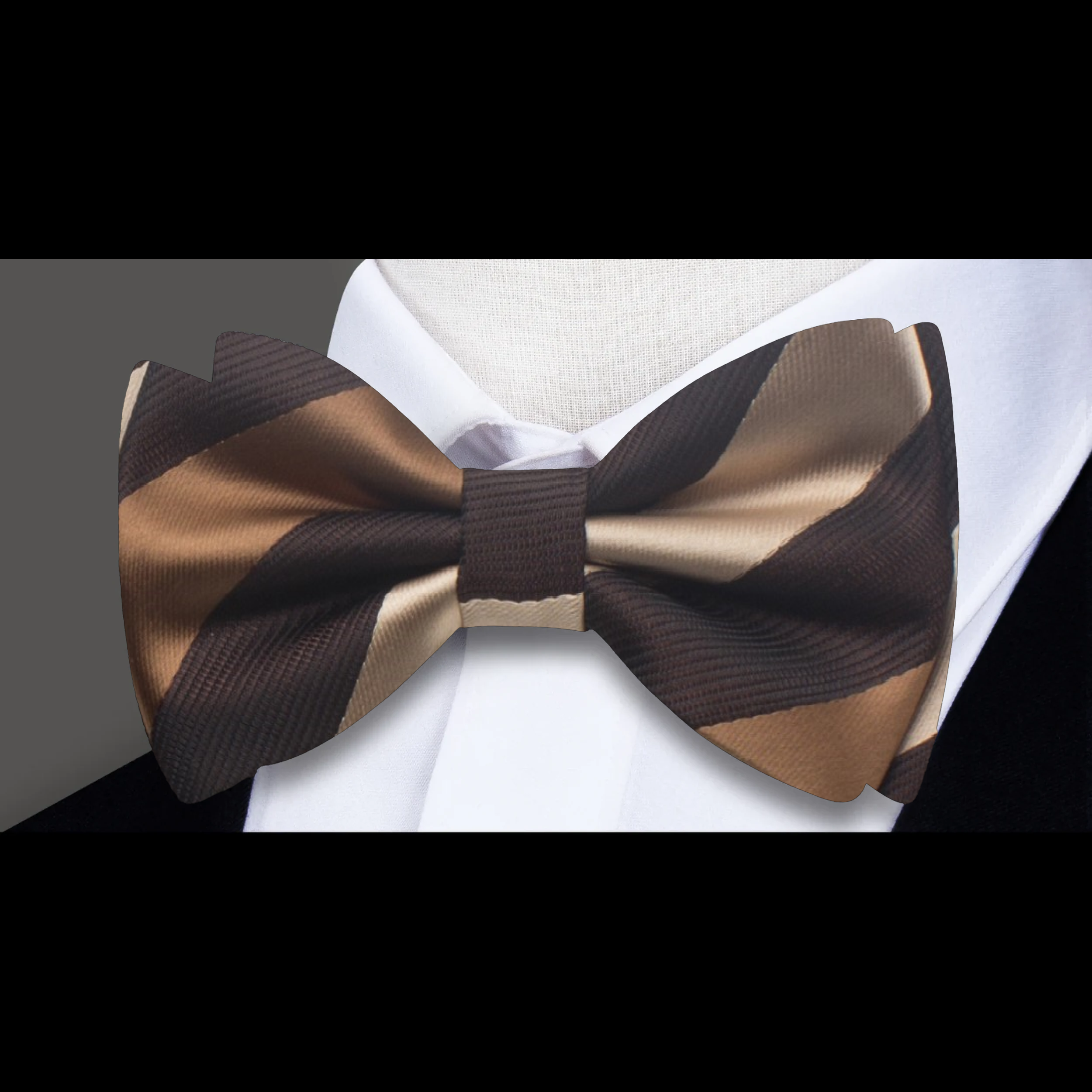 Close-up of the block stripe pattern on a high-quality silk bow tie