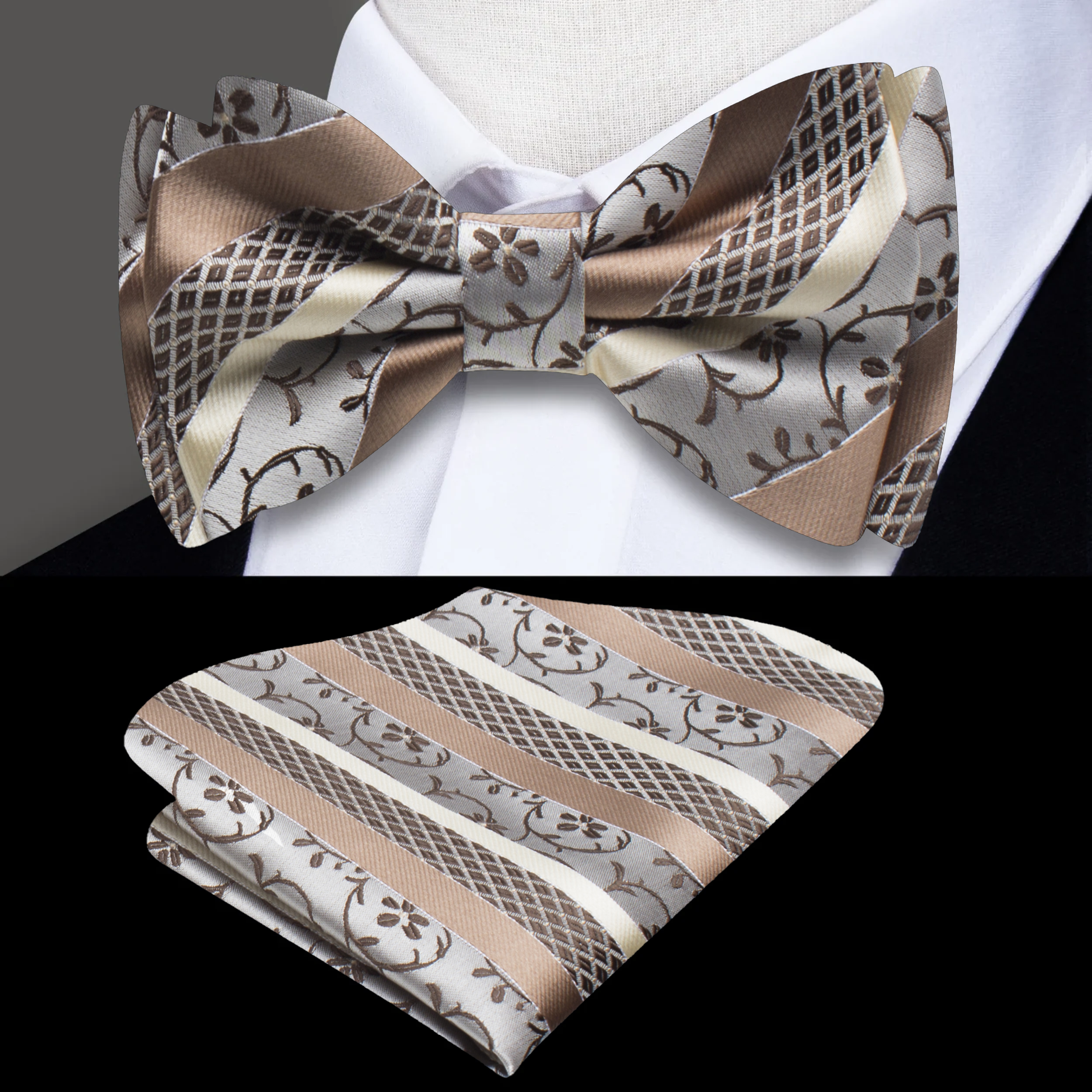 Front-facing view of the silk bow tie with matching pocket square for formal events