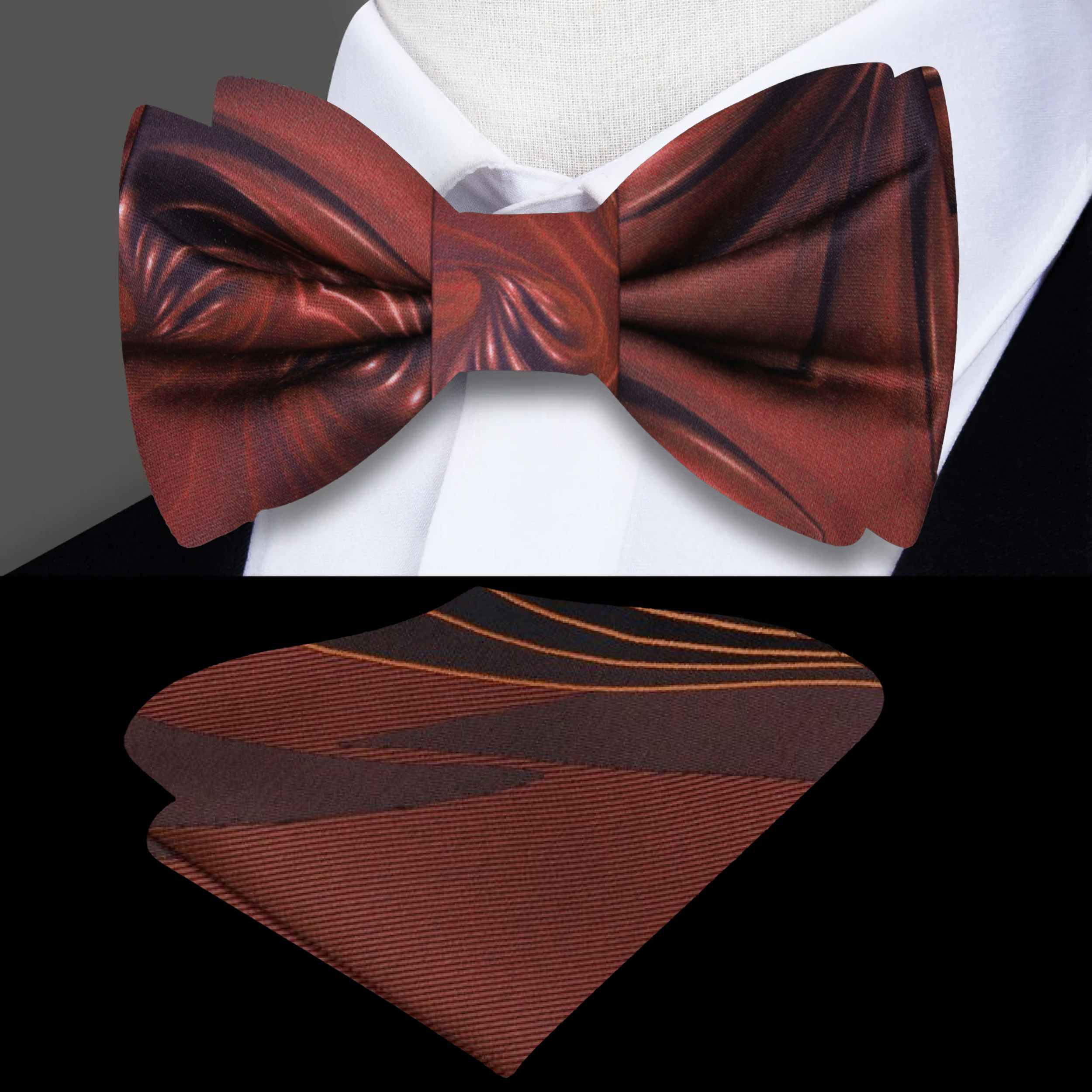 Elegant chocolate swirl silk bow tie displayed against a light blue dress shirt, highlighting its rich colors.