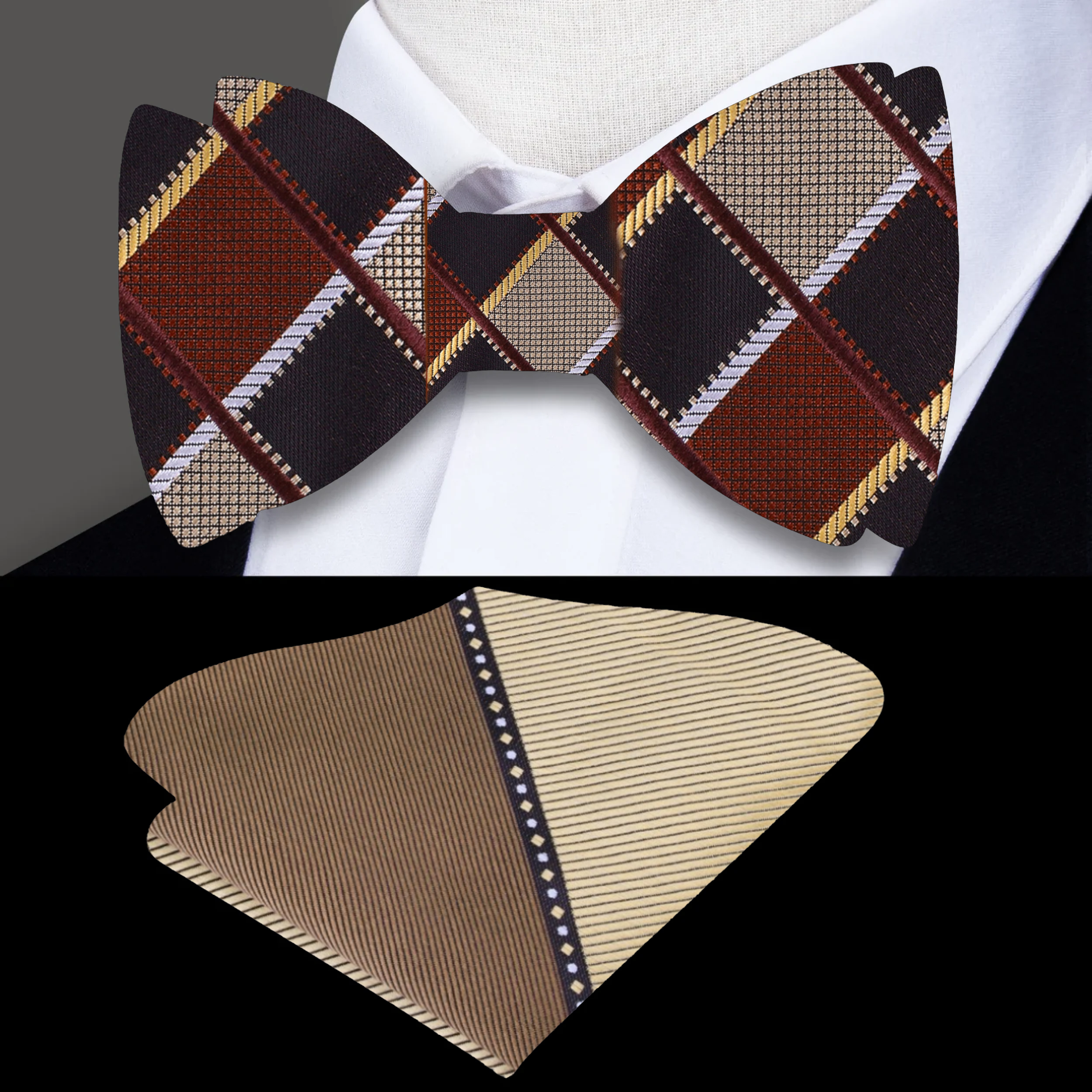 Men wearing a brown geometric bow tie with a white shirt at a formal event
