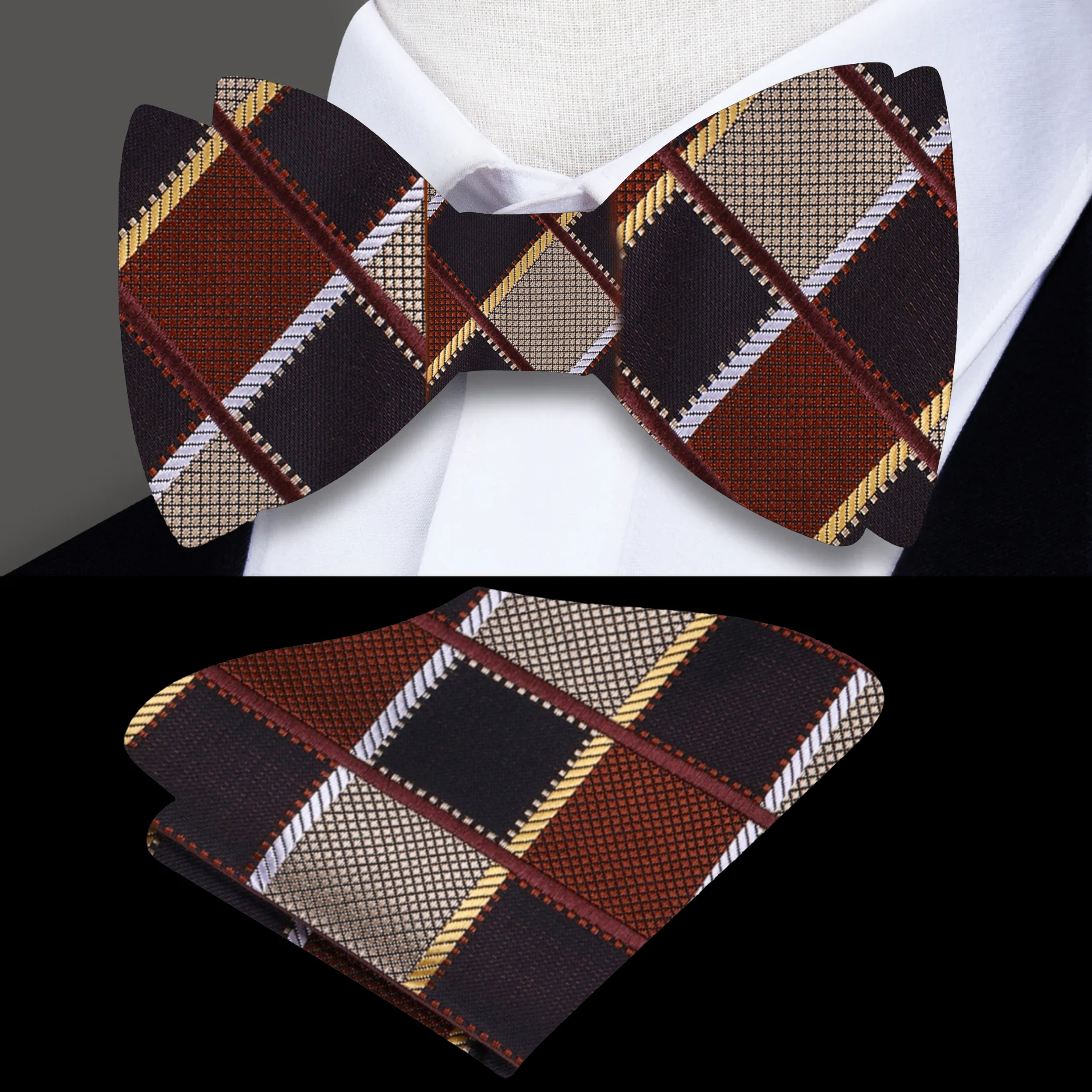 Close-up of a silk self tie bow tie with geometric pattern in shades of brown