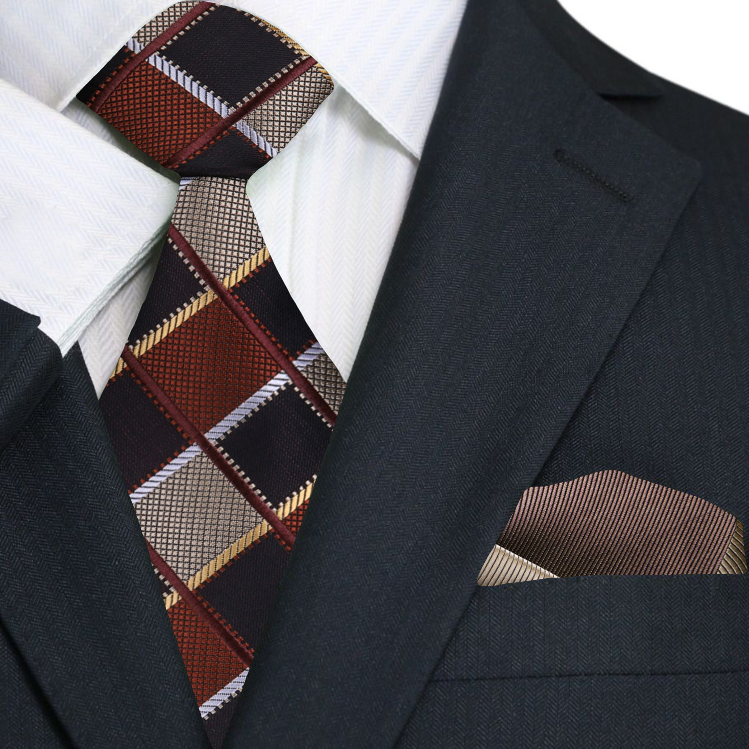 Brown plaid necktie styled with a light blue dress shirt, ideal for business meetings.