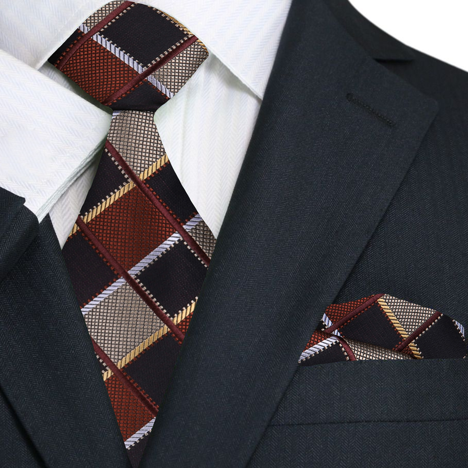 Brown plaid necktie styled with a light blue dress shirt, ideal for business meetings.