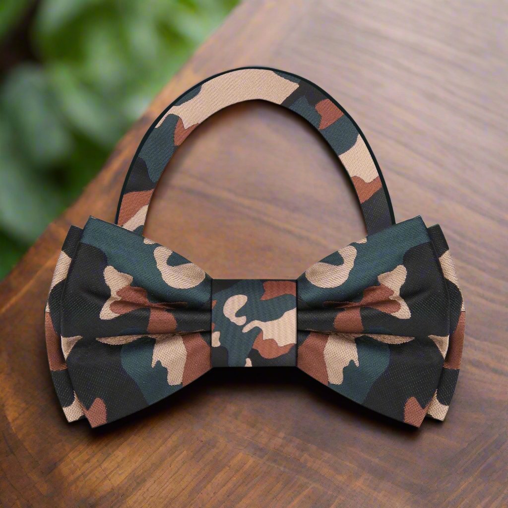 Casual outfit featuring camouflage bow tie paired with a dark blazer