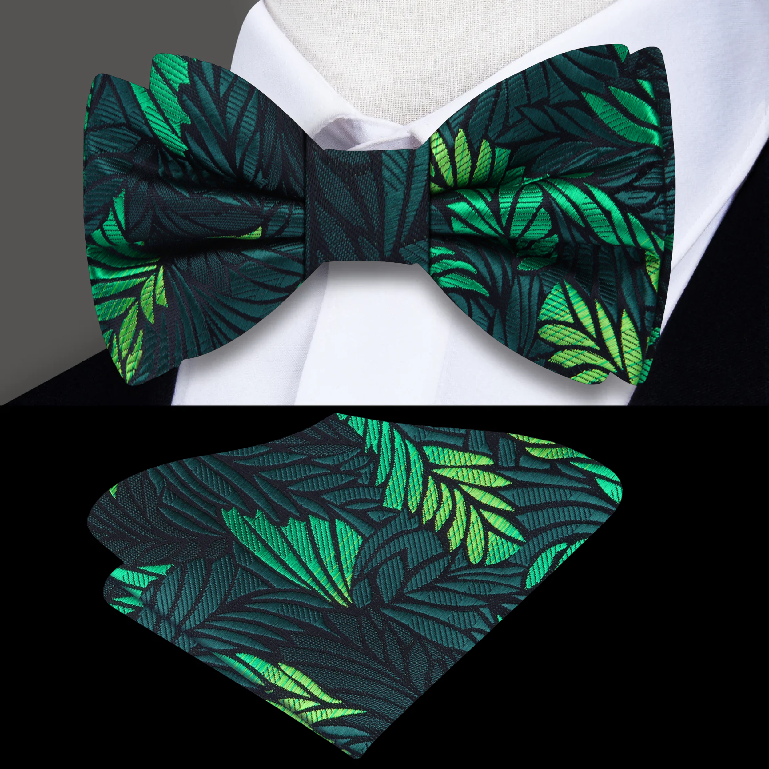 Close-up of silk bow tie with feather pattern, highlighting intricate details.