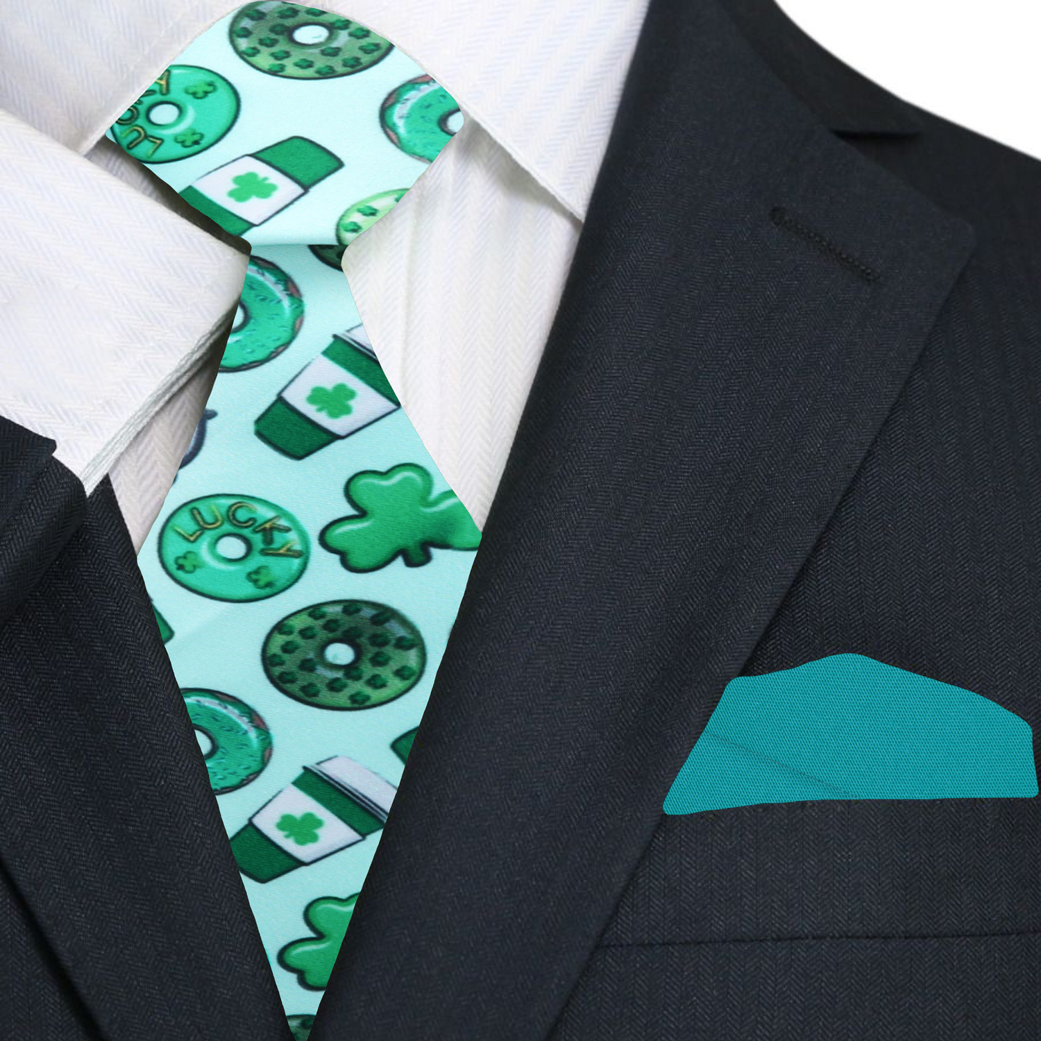 Man wearing a green silk tie with holiday-themed patterns at a party
