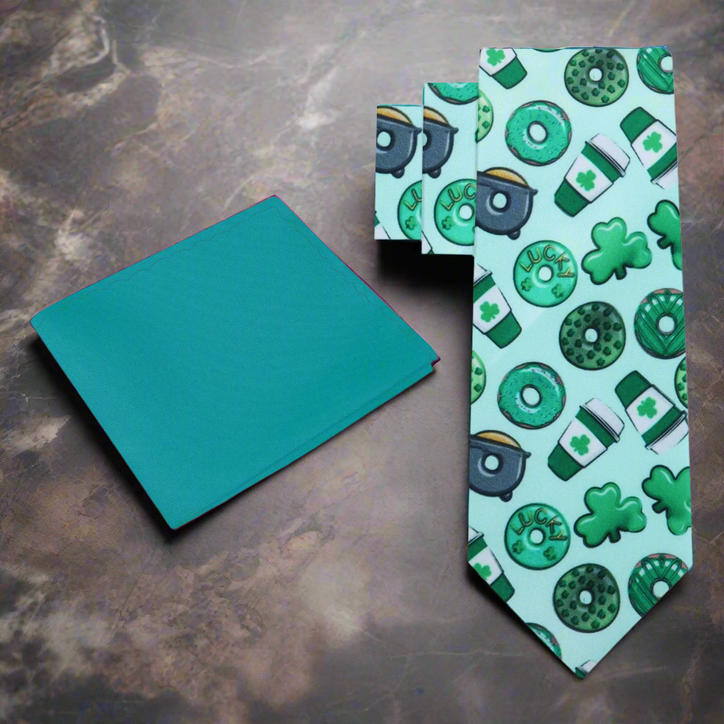 Festive green silk tie featuring clovers, donuts, and coffee for St. Patricks Day