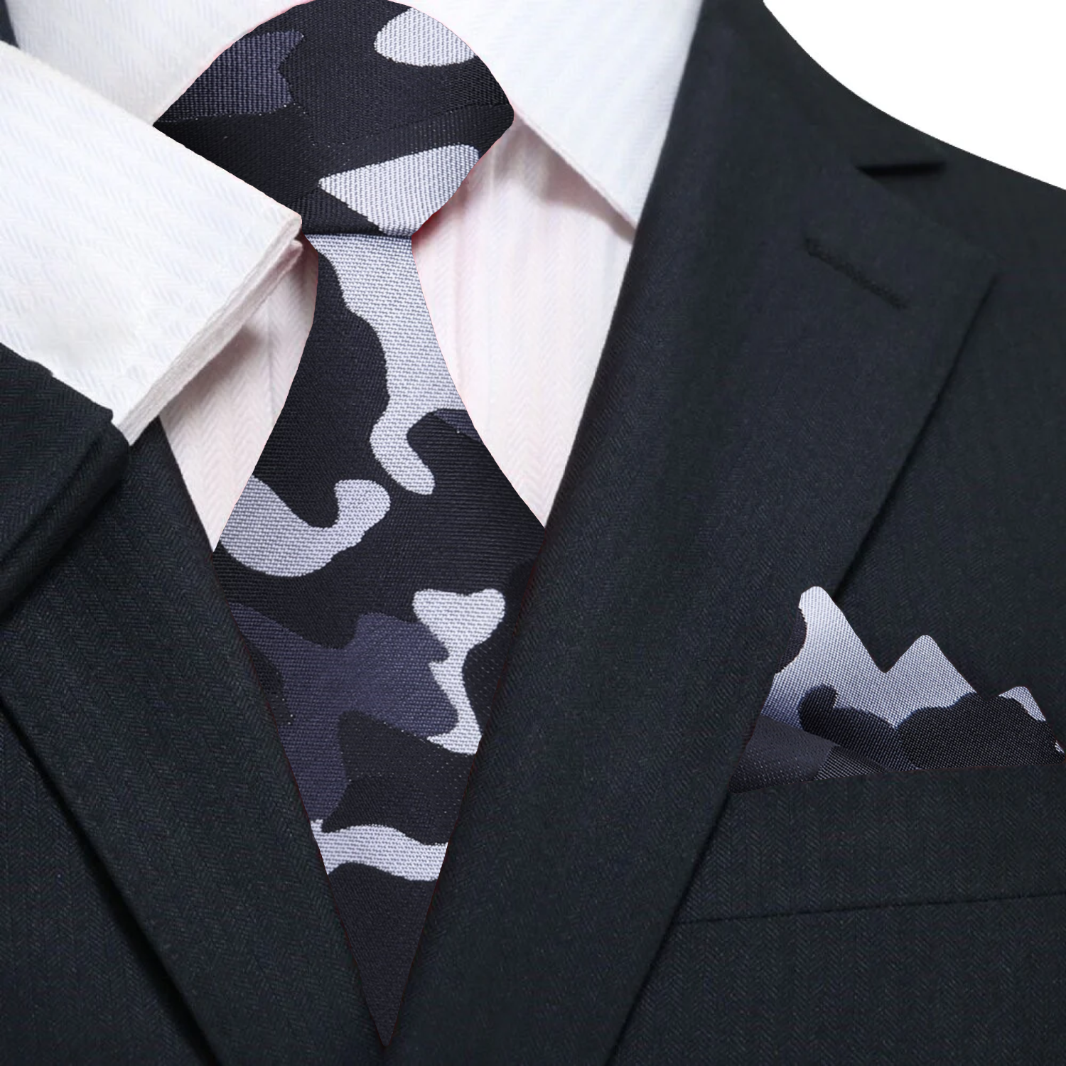 Man wearing the camouflage necktie in a business casual setting, complemented by a light grey dress shirt.