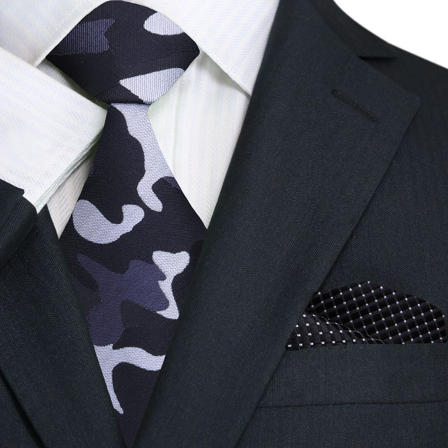 Urban camouflage tie displayed with a light grey dress shirt and pocket square for styling inspiration.