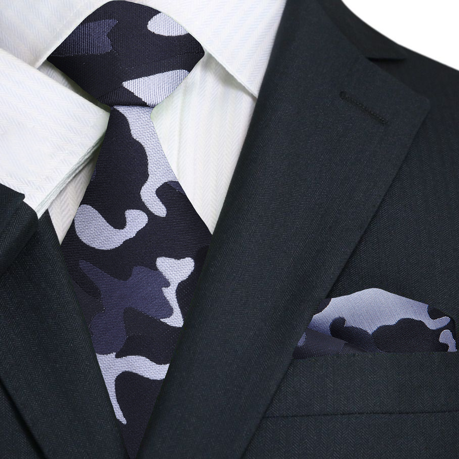 Urban camouflage tie displayed with a light grey dress shirt and pocket square for styling inspiration.