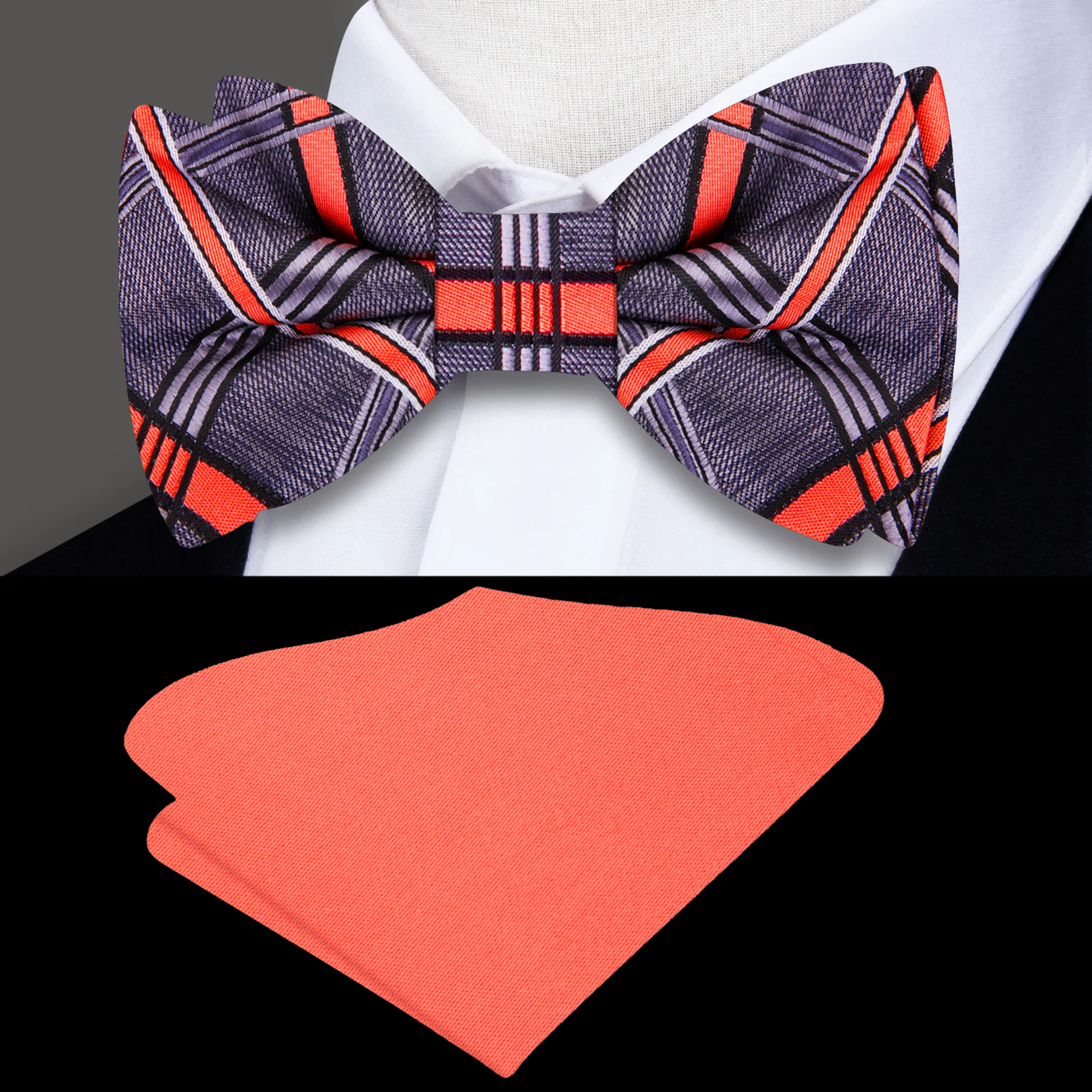 Elegant Grey and Lavender Plaid Silk Bow Tie displayed on a white dress shirt.