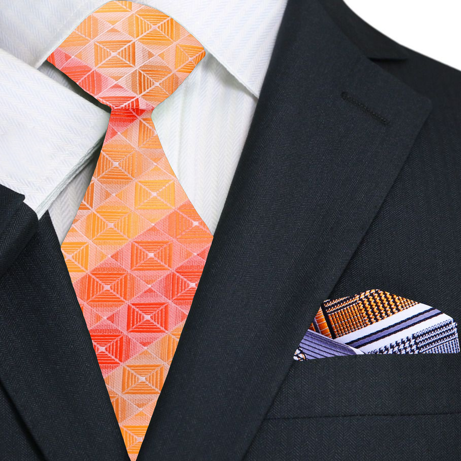 Close-up of the geometric pattern on the orange silk tie, highlighting its texture.