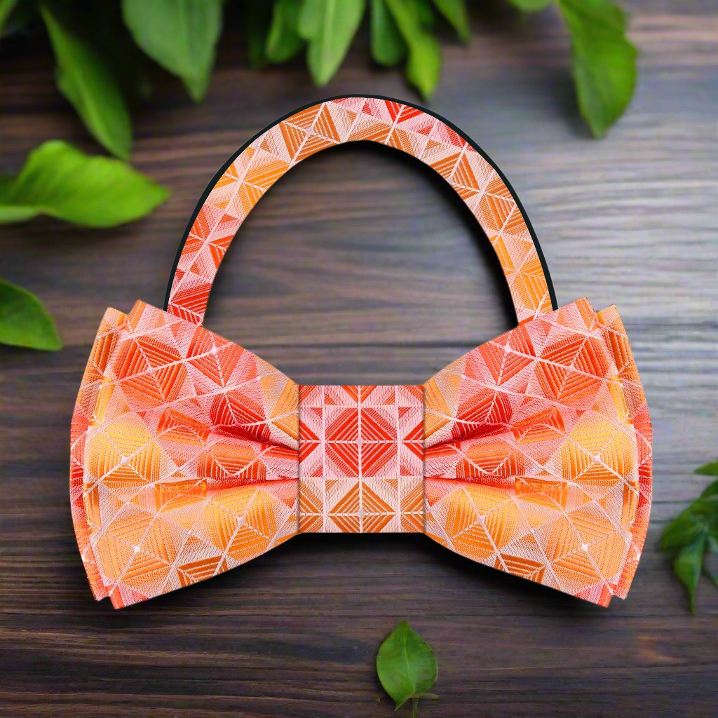 Front view of stylish geometric orange bow tie for men